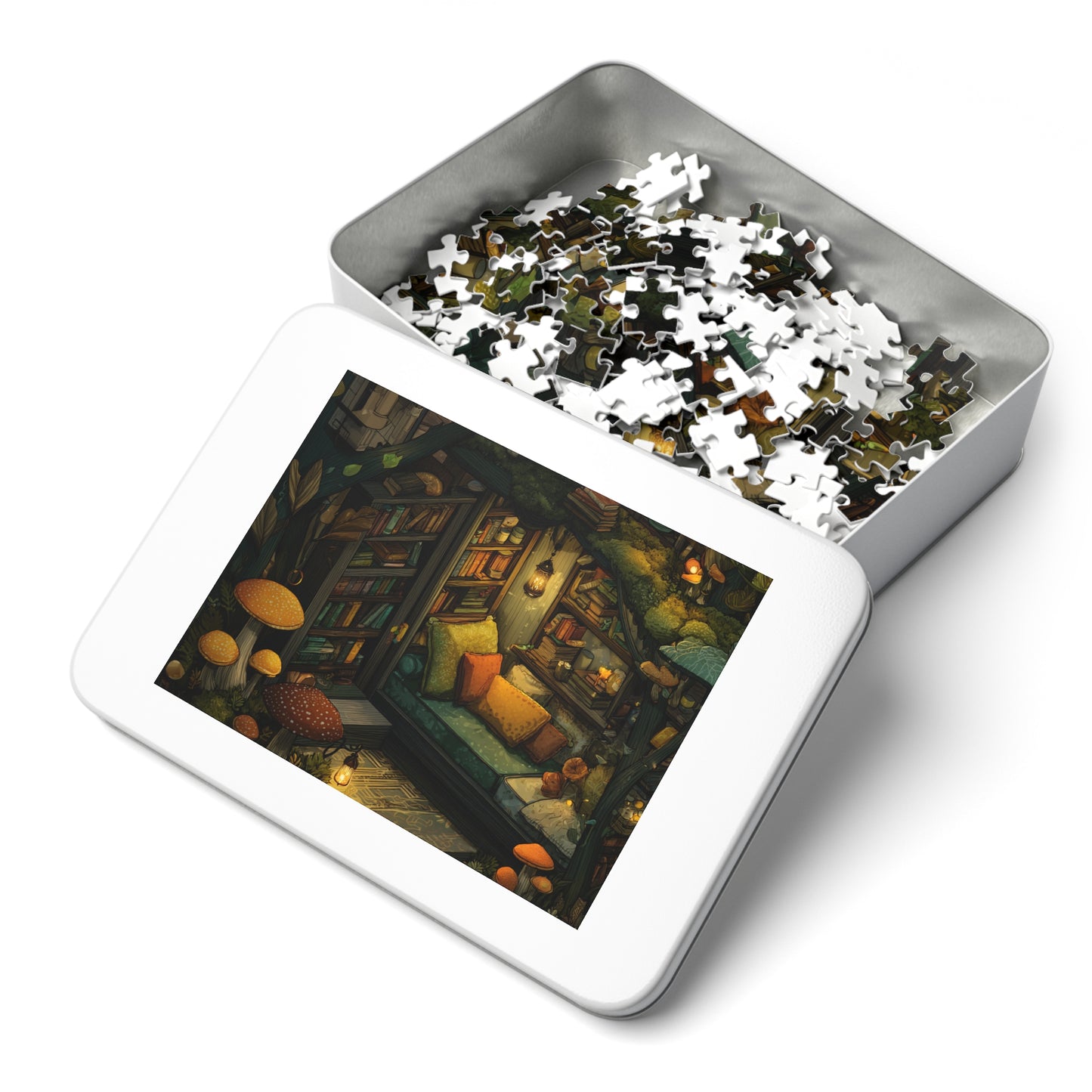 Cozy Mushroom Reading Nook Jigsaw Puzzle with Tin
