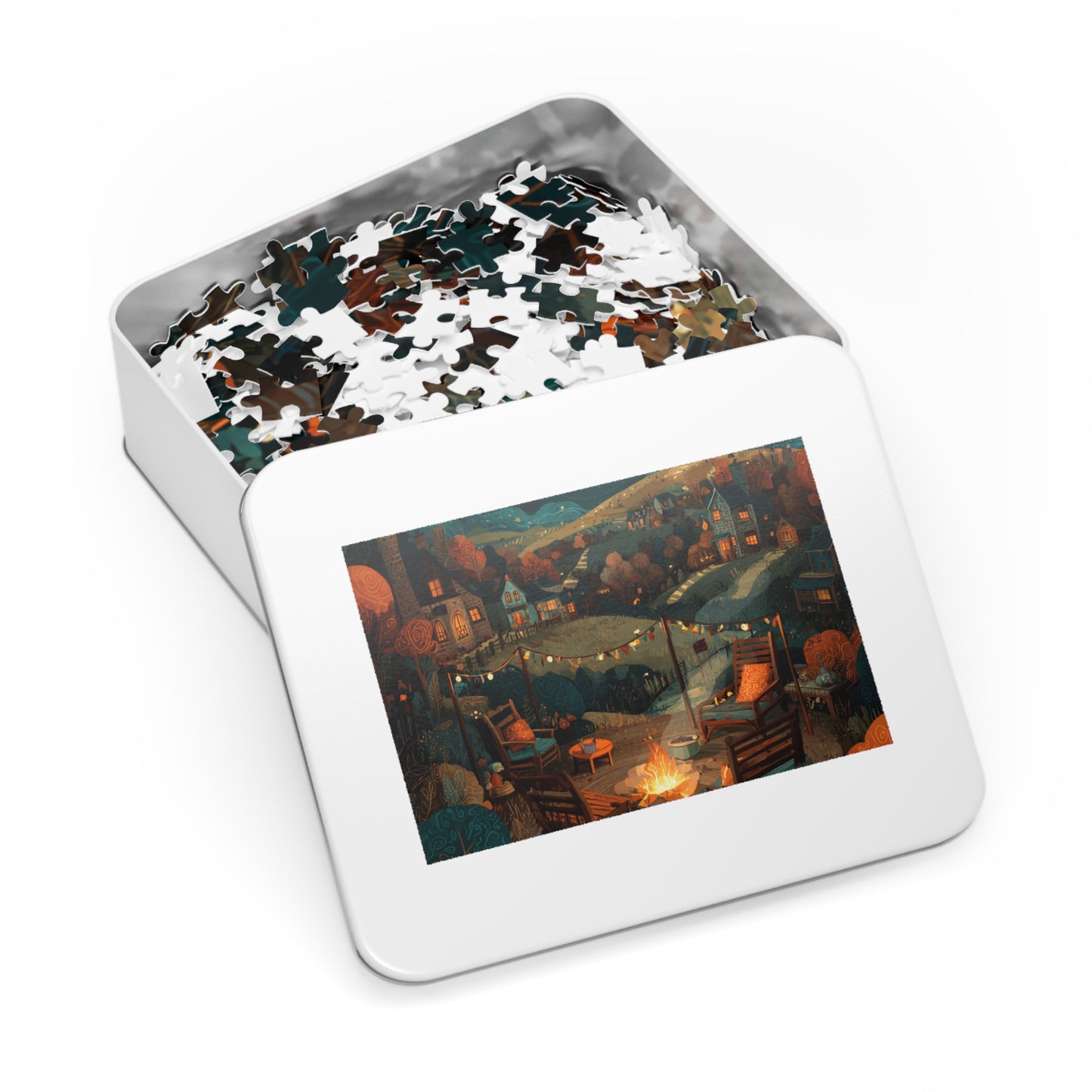 Cozy Campfire Village Jigsaw Puzzle with Tin — 500pc Scenic Nighttime Puzzle