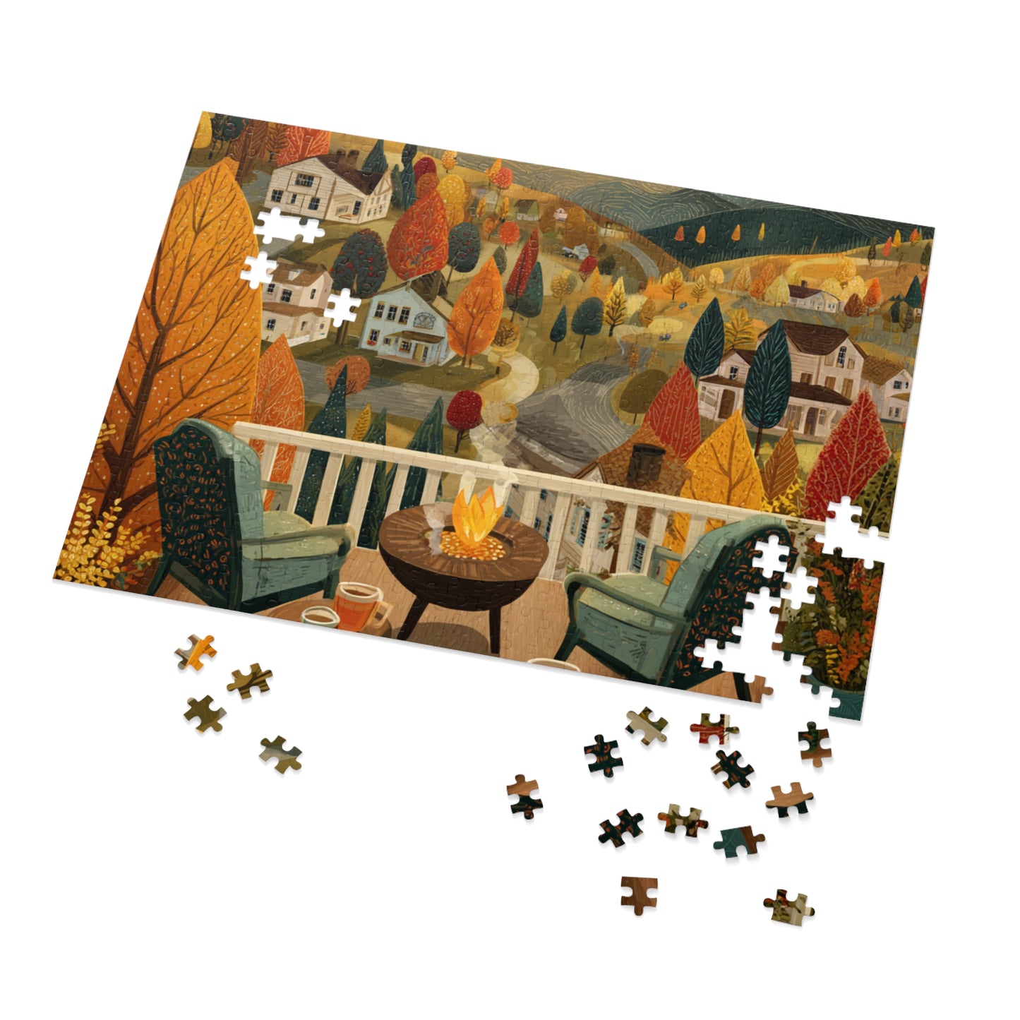 Autumn Porch Scene Jigsaw Puzzle with Tin — Cozy Fall Landscape 500pc