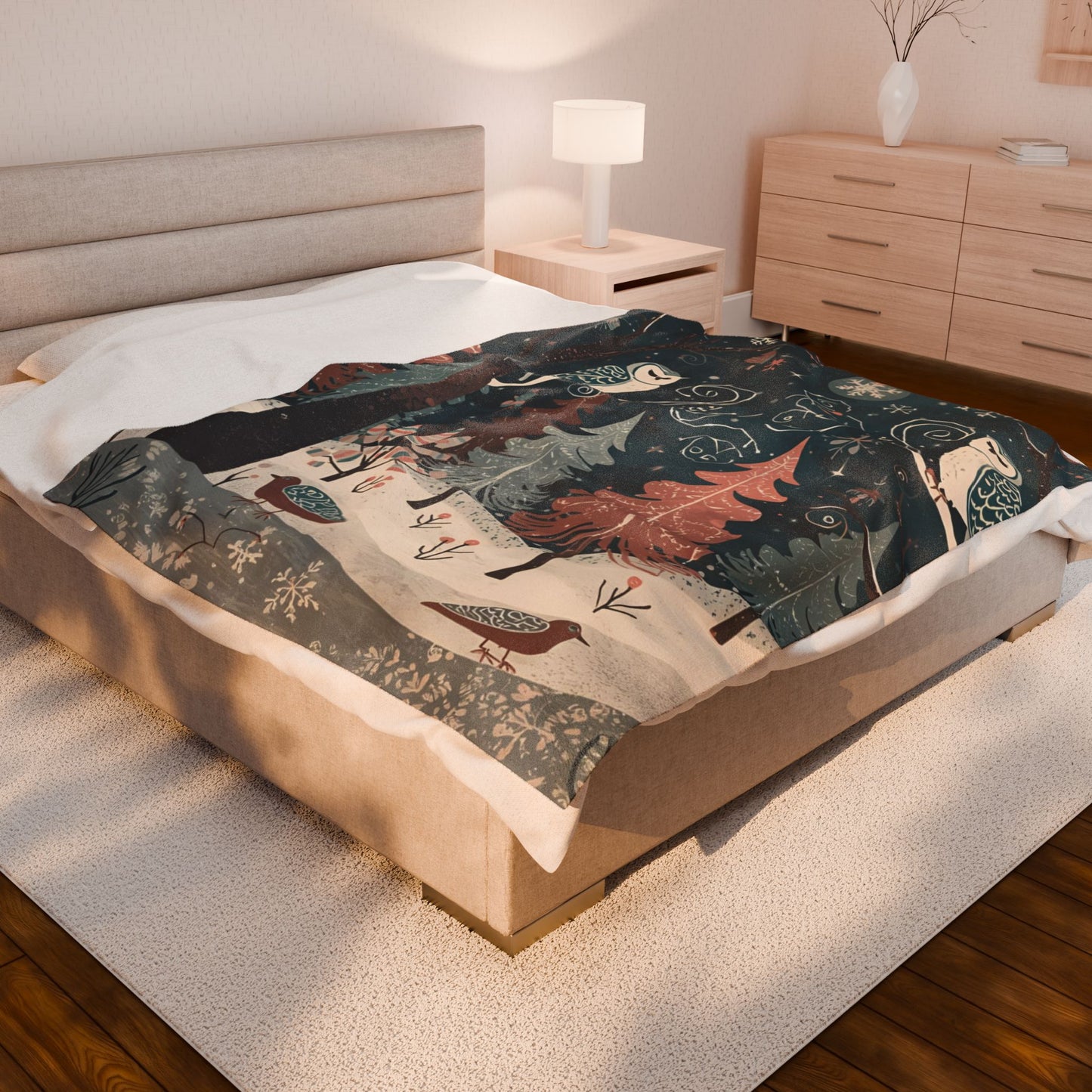 Whimsical Winter Owl Forest Velveteen Plush Blanket | Cozy Woodland Throw | Soft Plush Blanket Gift | Snowy Owl and Pine Tree Decor