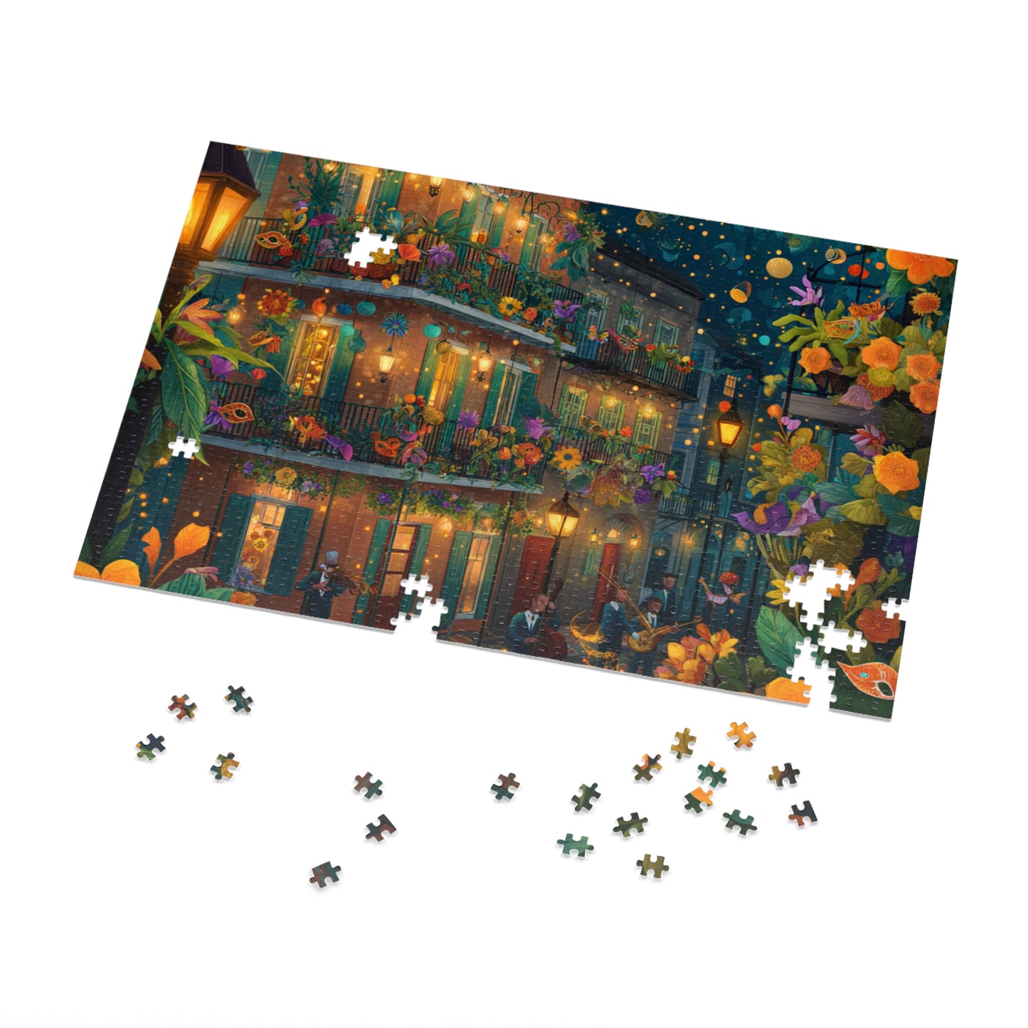 Whimsical New Orleans Jazz Puzzle – A Colorful Night in the Crescent City Jigsaw Puzzle with Tin
