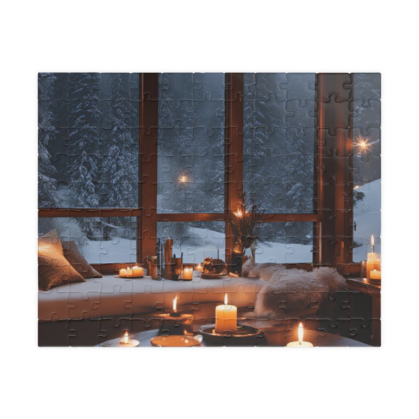 Snowy Night Retreat- Puzzle of a Cozy Living Room with Firelight and Hot Coffee