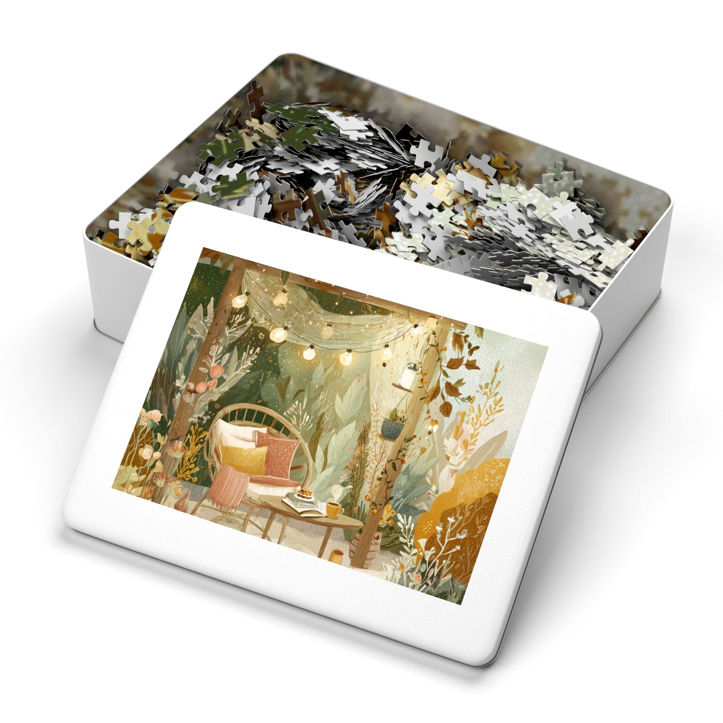 Cozy Fairy Light Outdoor Scene Jigsaw Puzzle (with Tin) — 500-Piece Relaxing Garden Puzzle