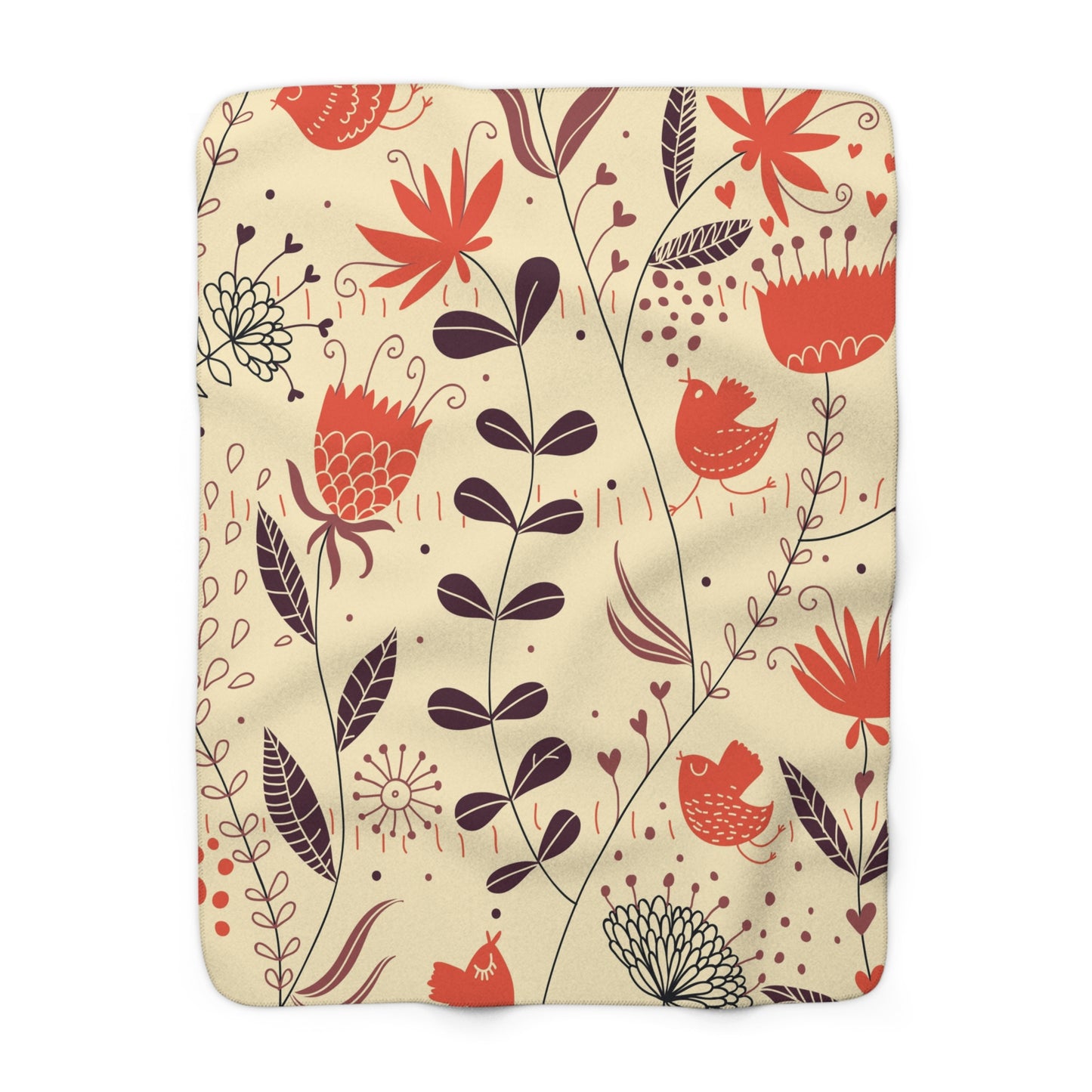 Floral Bird Sherpa Blanket — Cozy Cream Fleece with Red Wildflower & Bird Print