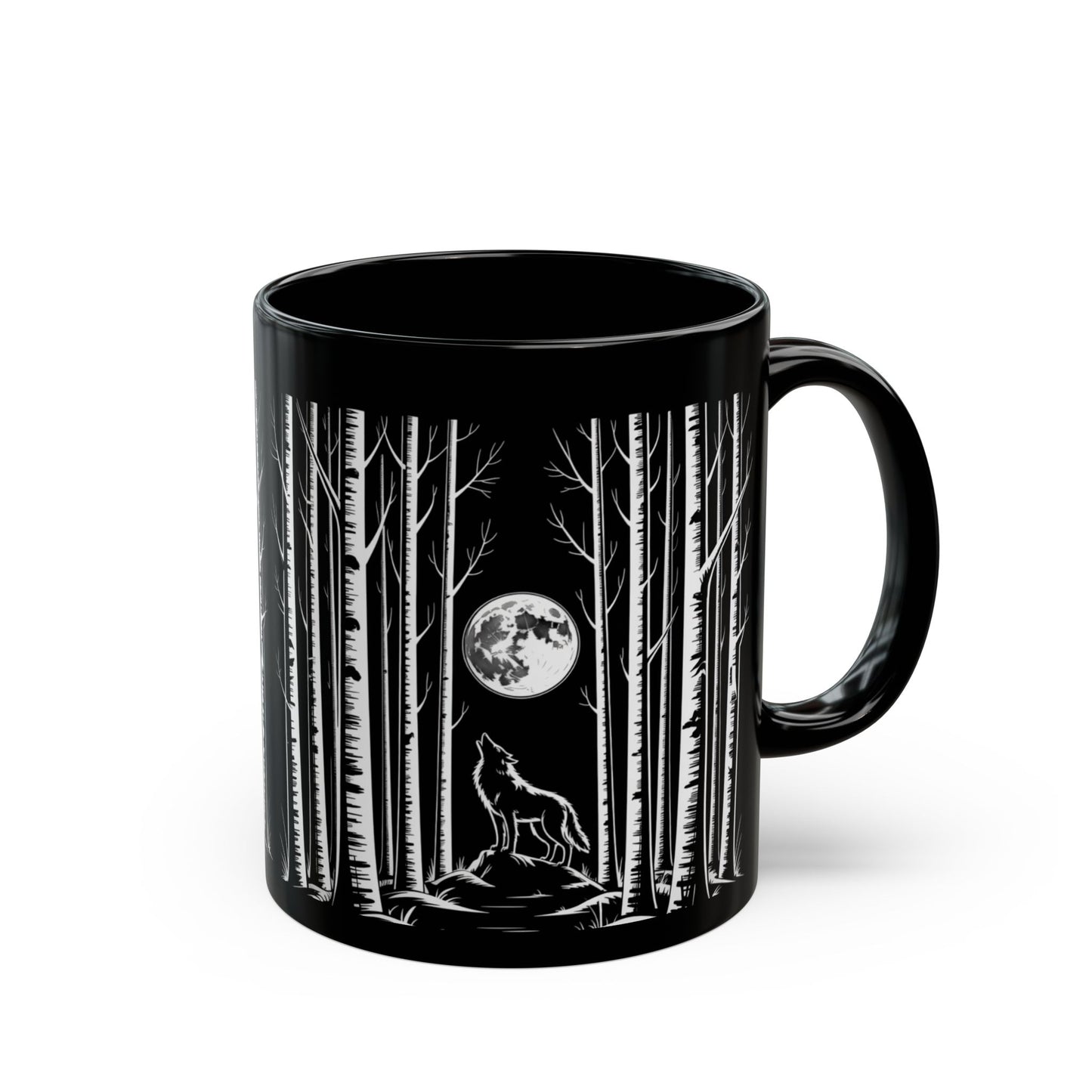 Wolf Howling at the Moon Forest Mug — Black Ceramic Coffee Cup (11oz, 15oz)