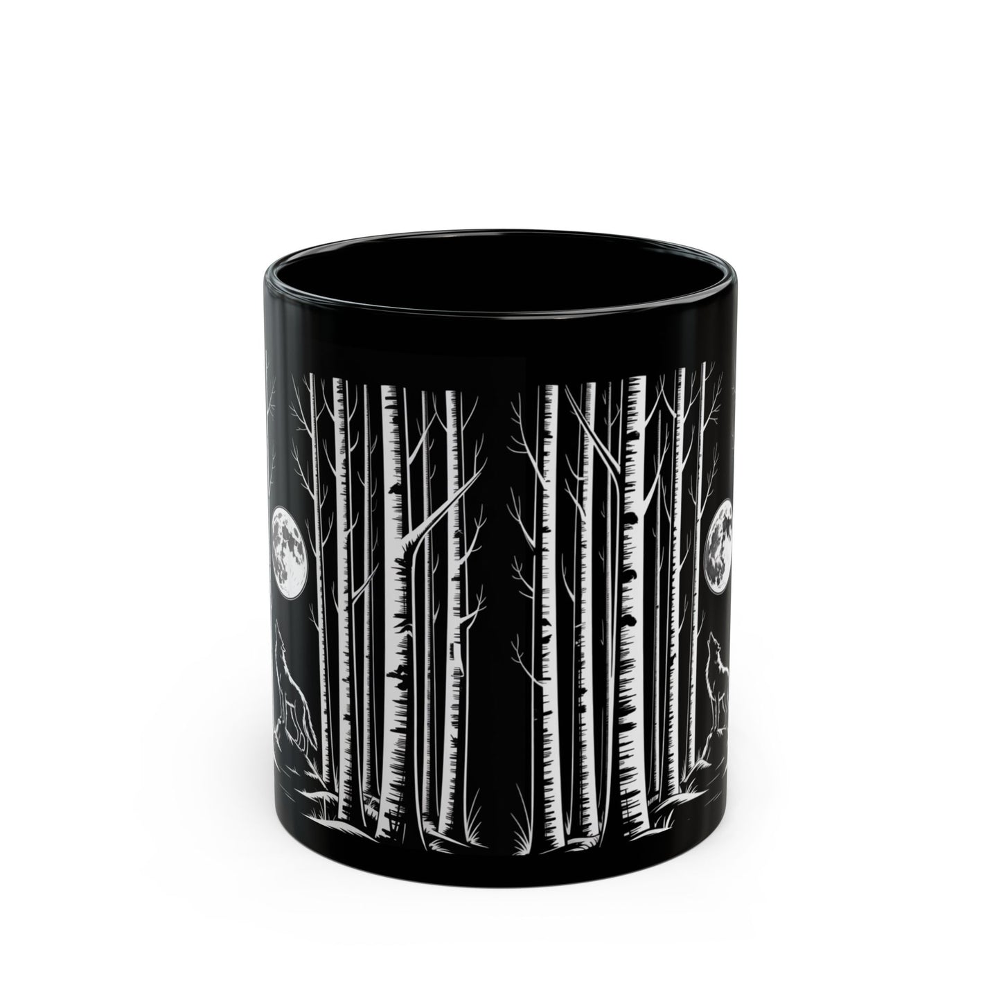Wolf Howling at the Moon Forest Mug — Black Ceramic Coffee Cup (11oz, 15oz)
