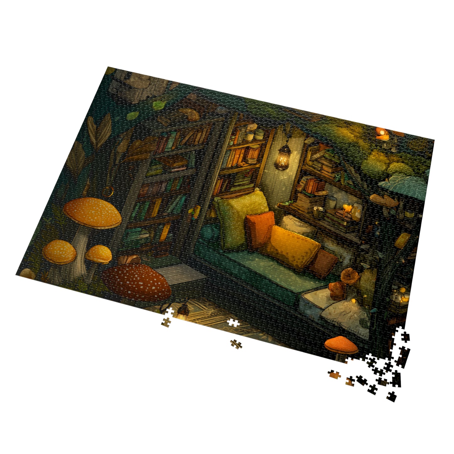 Cozy Mushroom Reading Nook Jigsaw Puzzle with Tin