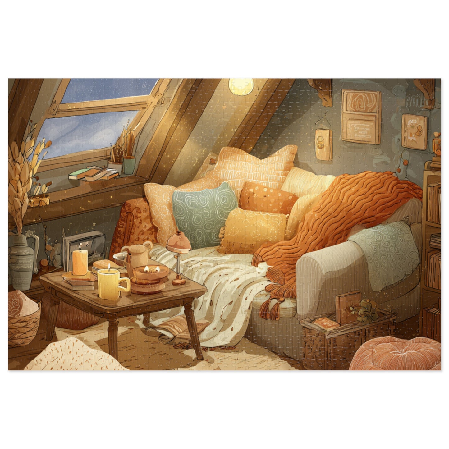 Cozy Attic Reading Nook Jigsaw Puzzle with Tin - 500pc Relaxing Home Illustration