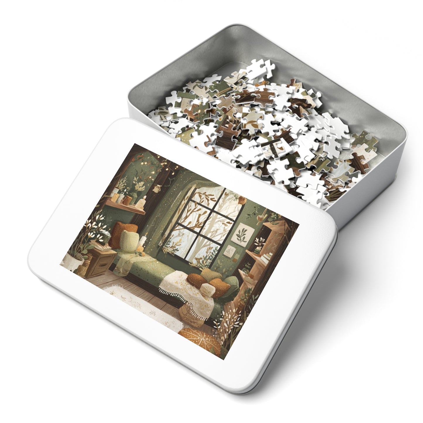 Cozy Green Living Room Reading Nook Jigsaw Puzzle (with Tin)