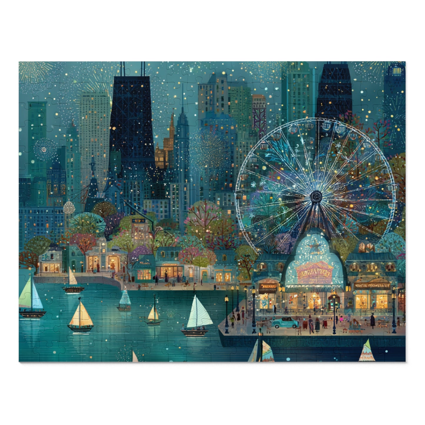 Seattle Waterfront Whimsical Jigsaw Puzzle with Tin