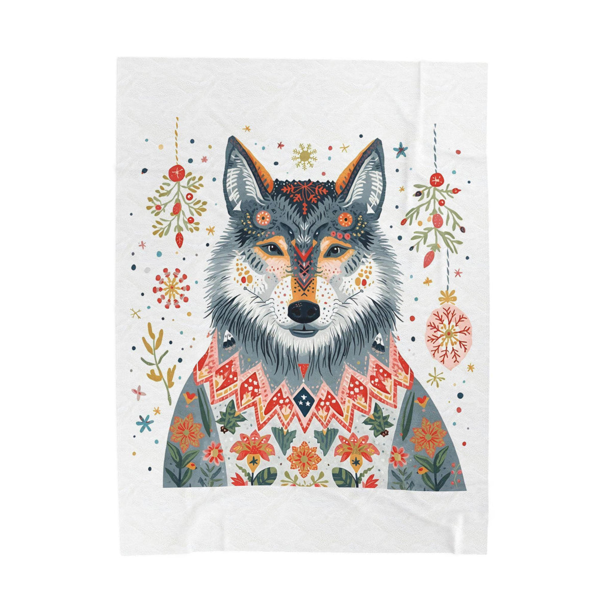 Whimsical Holiday Wolf Sherpa Fleece Blanket | Cozy Winter Throw | Soft Plush Christmas Blanket| Cute Wolf in Sweater | Festive Home Decor