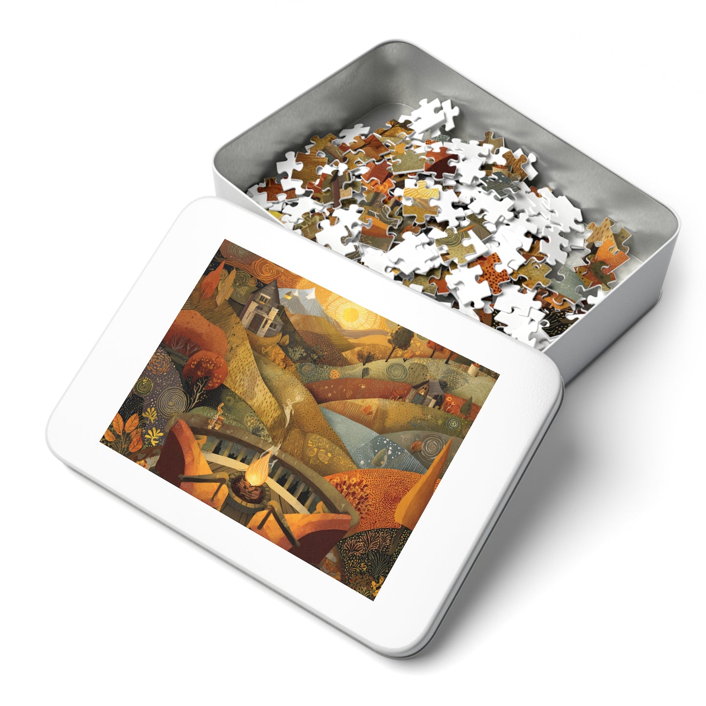 Autumn Fireside Puzzle — 500-Piece Scenic Jigsaw with Tin