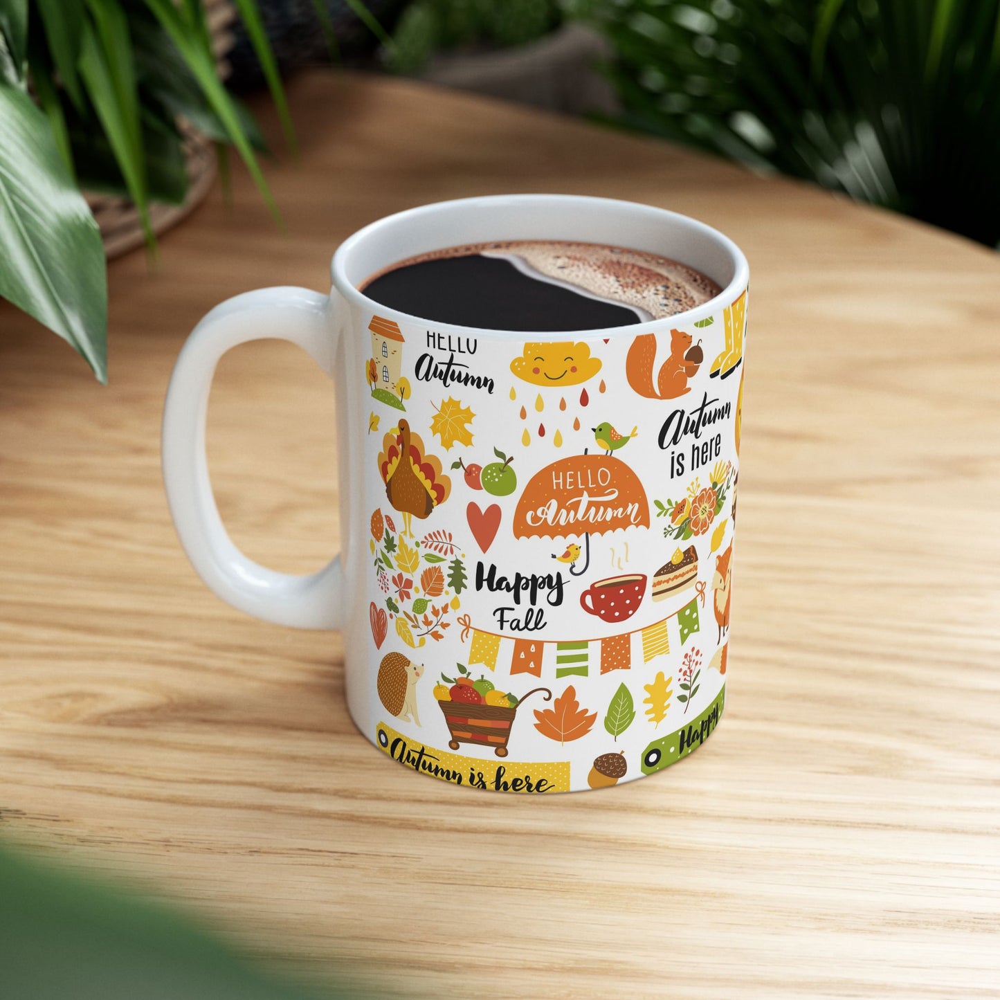 Autumn Is Here Ceramic Mug — Fall Leaves, Fox & Pumpkin Coffee Cup (11oz/15oz)