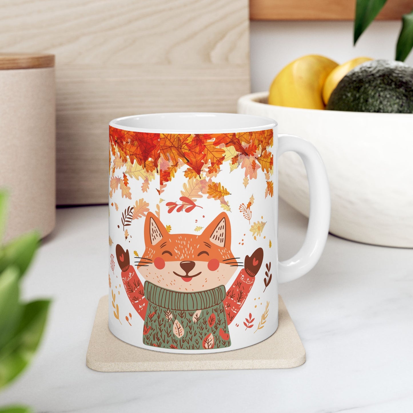 Autumn Fox with Leaves Ceramic Mug | Cozy Fall Coffee Cup | Thanksgiving Gift | Fox Lover Mug 11oz / 15oz | Jazz N’ Coffee Puzzles