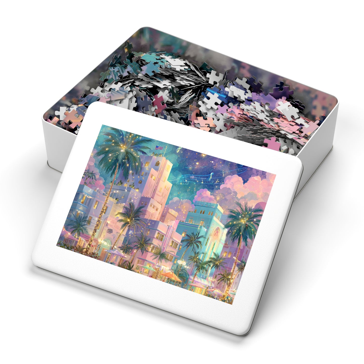 Whimsical Miami Puzzle – Colorful Tropical Cityscape-Jigsaw Puzzle with Tin