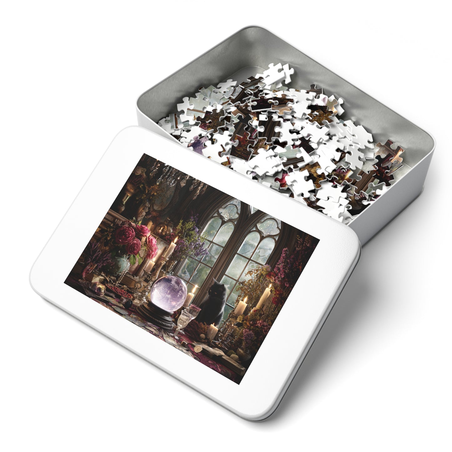 Witchs Enchanted Chamber Puzzle with a Black Cat, Crystal Ball & Tarot Magic with a Gift Tin, Halloween Activity
