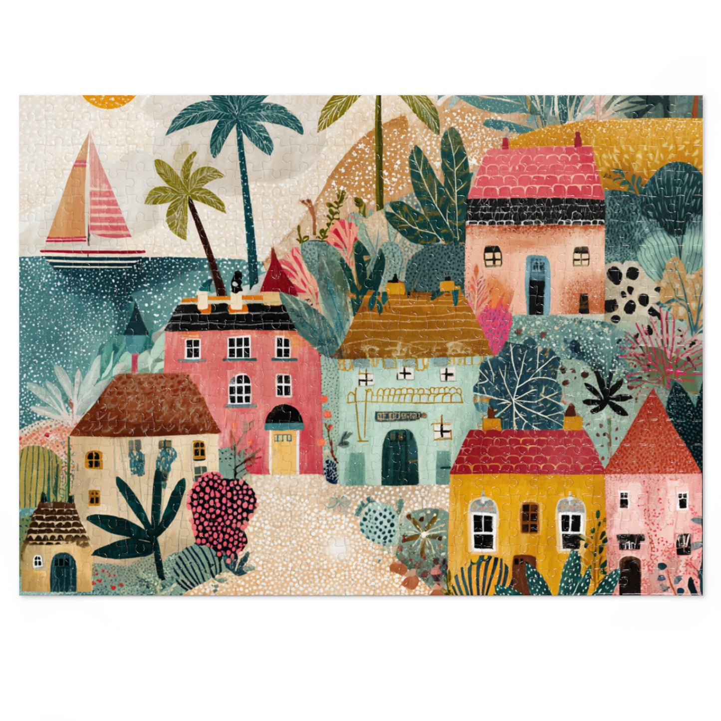 Colorful Coastal Village Jigsaw Puzzle with Tin – Fun Family Activity, Whimsical Folk Art Puzzle, Gift for All Ages