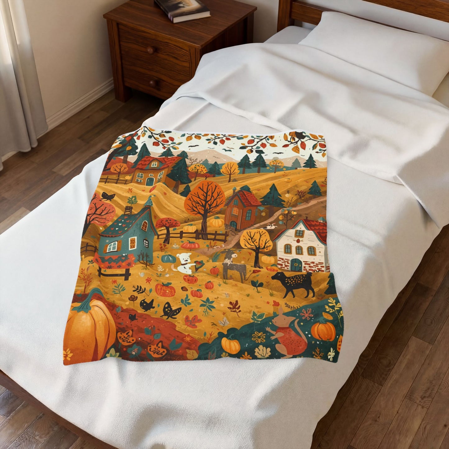 Cozy Autumn Village Velveteen Plush Blanket | Fall Harvest Throw | Soft Plush Blanket Gift | Warm Rustic Home Decor | Pumpkin Season Blanket