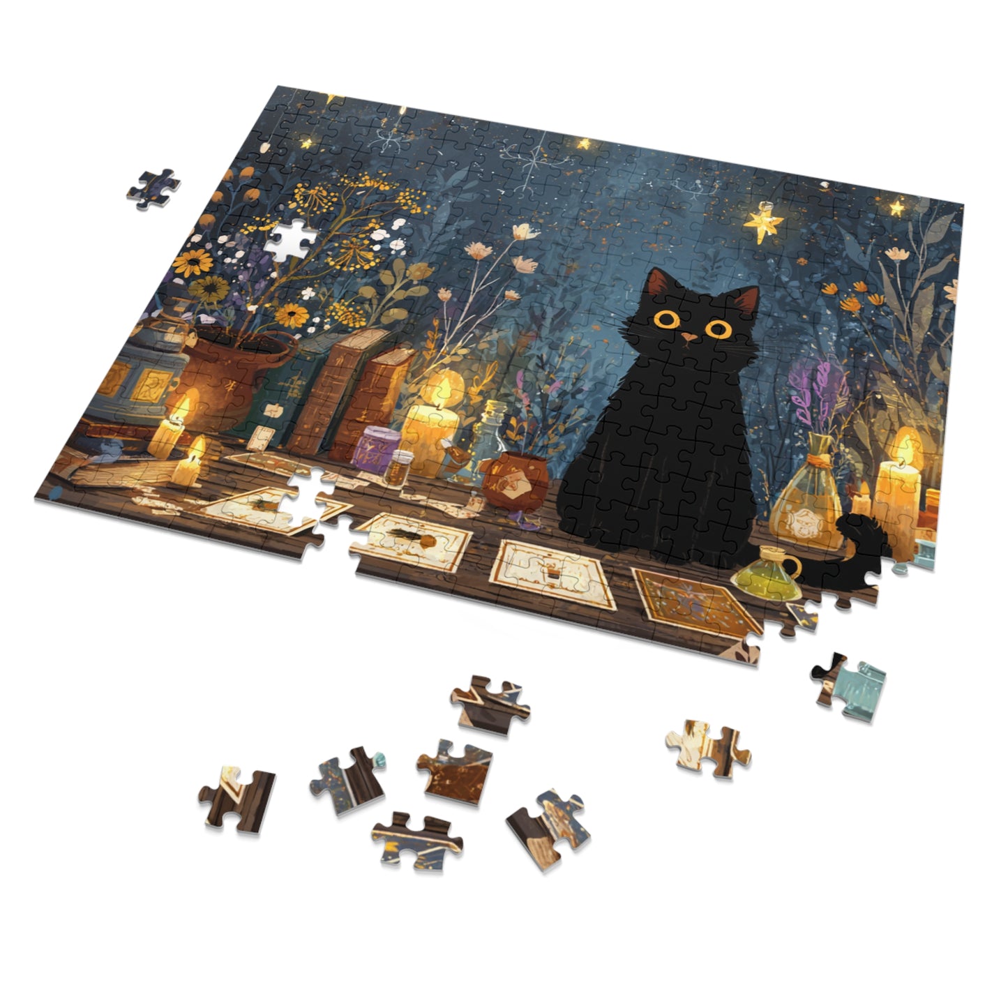Enchanted Black Cat Puzzle with Tarot, Candles, and Spellbinding Herbs in A Gift Tin. Gift for Cat lovers, Halloween Gift Puzzle