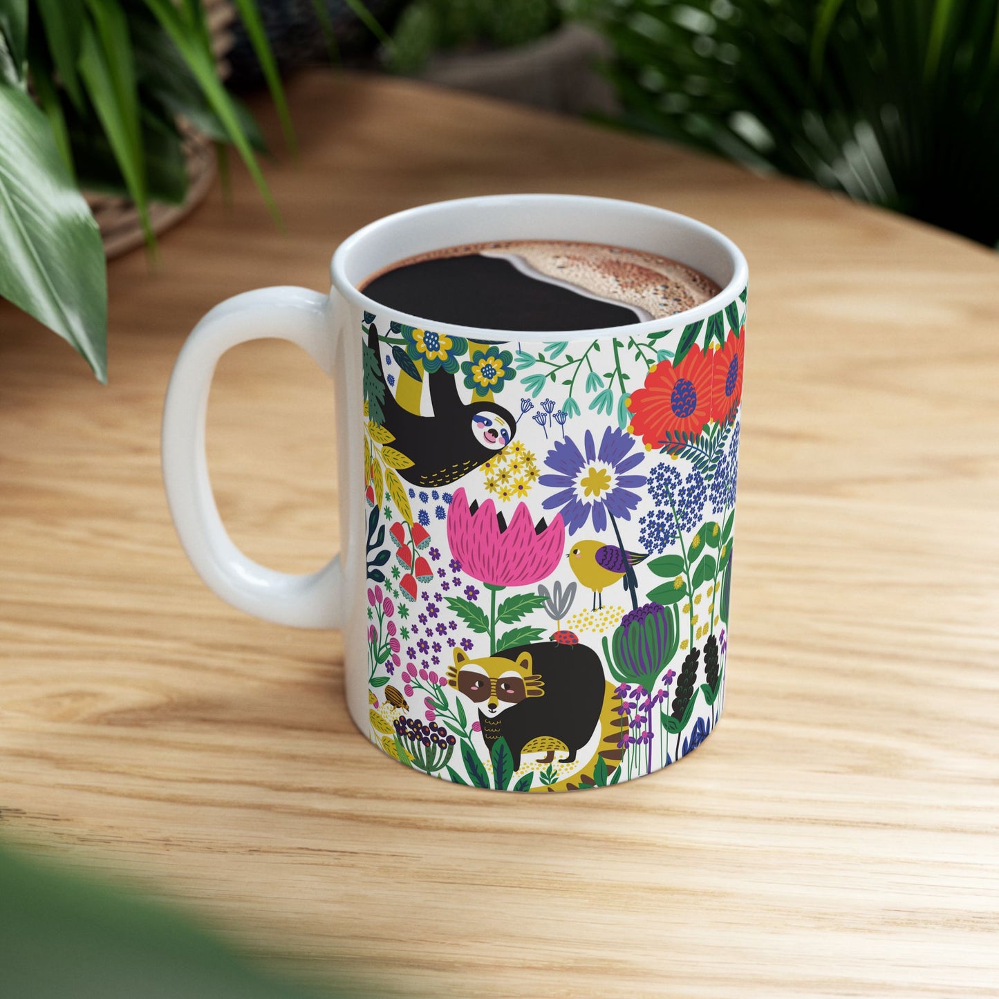 Whimsical Sloth & Raccoon Mug, Bright Floral Forest Animal Coffee Cup, Cheerful Design, 11oz and  15oz, Cute Animal Lover Gift