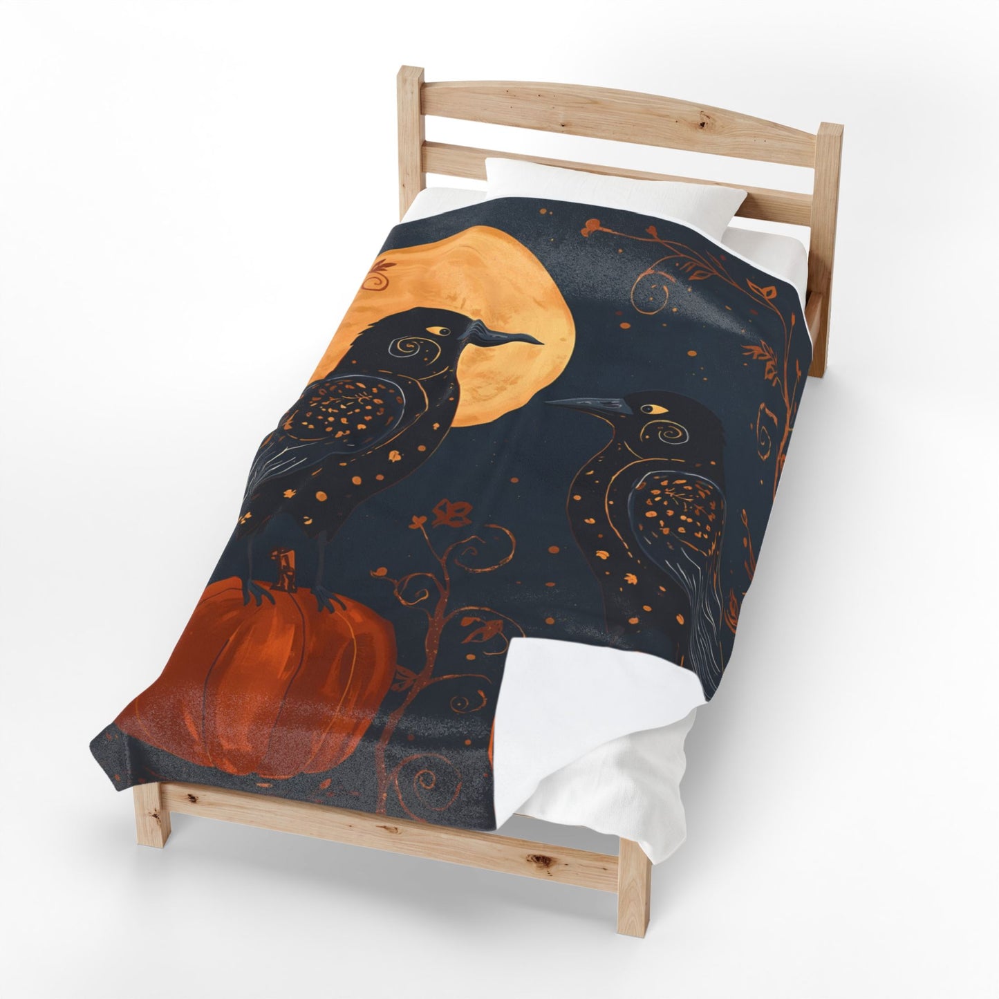 Whimsical Crows with Full Moon Velveteen Plush Blanket | Cozy Fall Throw | Warm Autumn Home Decor | Pumpkin Design