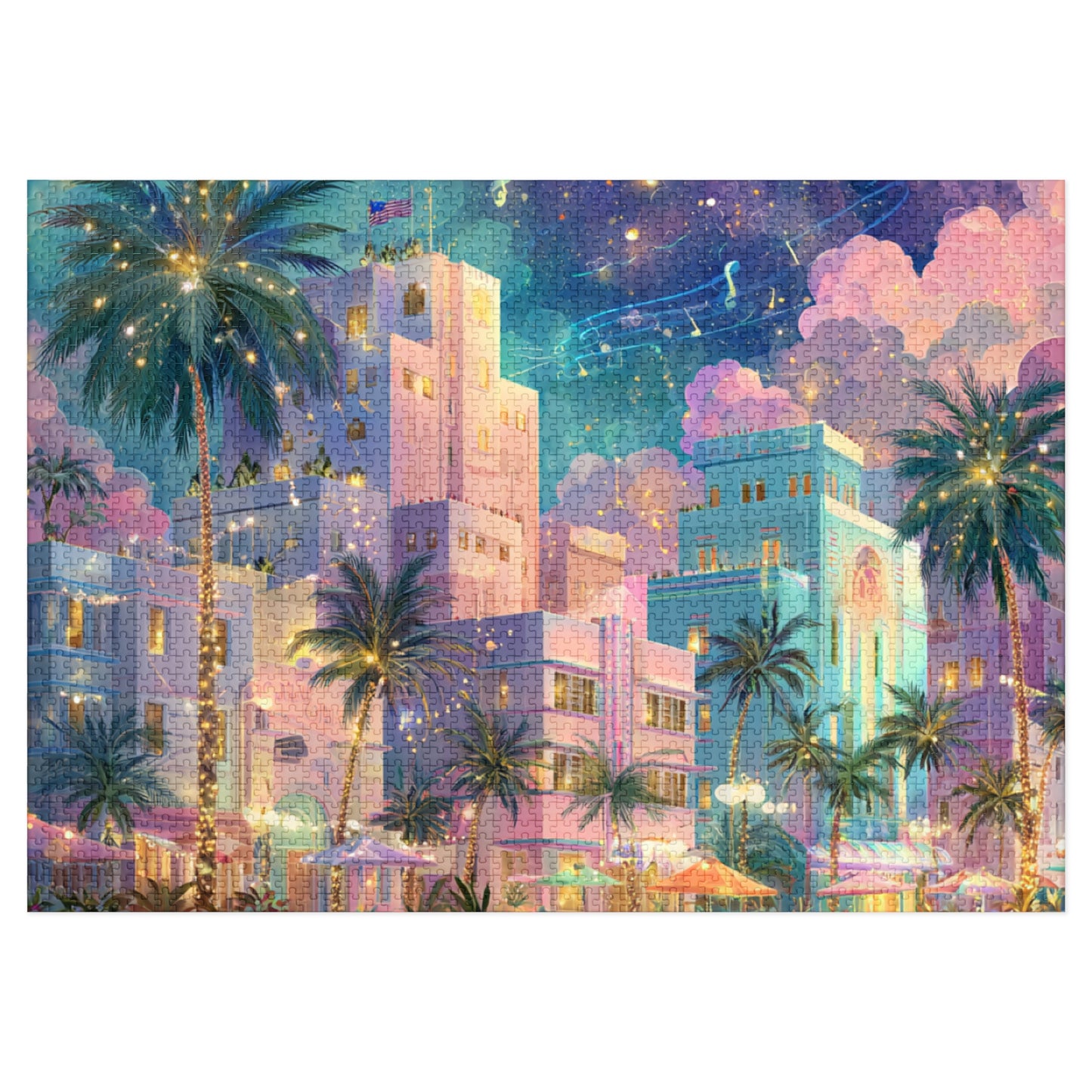 Whimsical Miami Puzzle – Colorful Tropical Cityscape-Jigsaw Puzzle with Tin