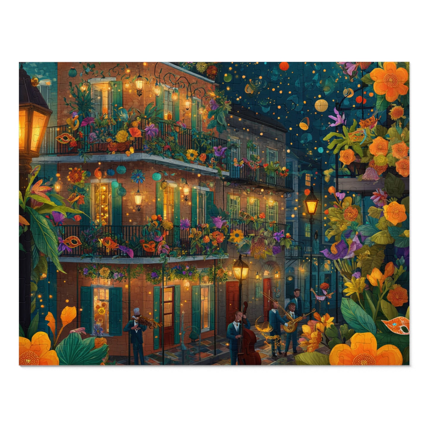 Whimsical New Orleans Jazz Puzzle – A Colorful Night in the Crescent City Jigsaw Puzzle with Tin
