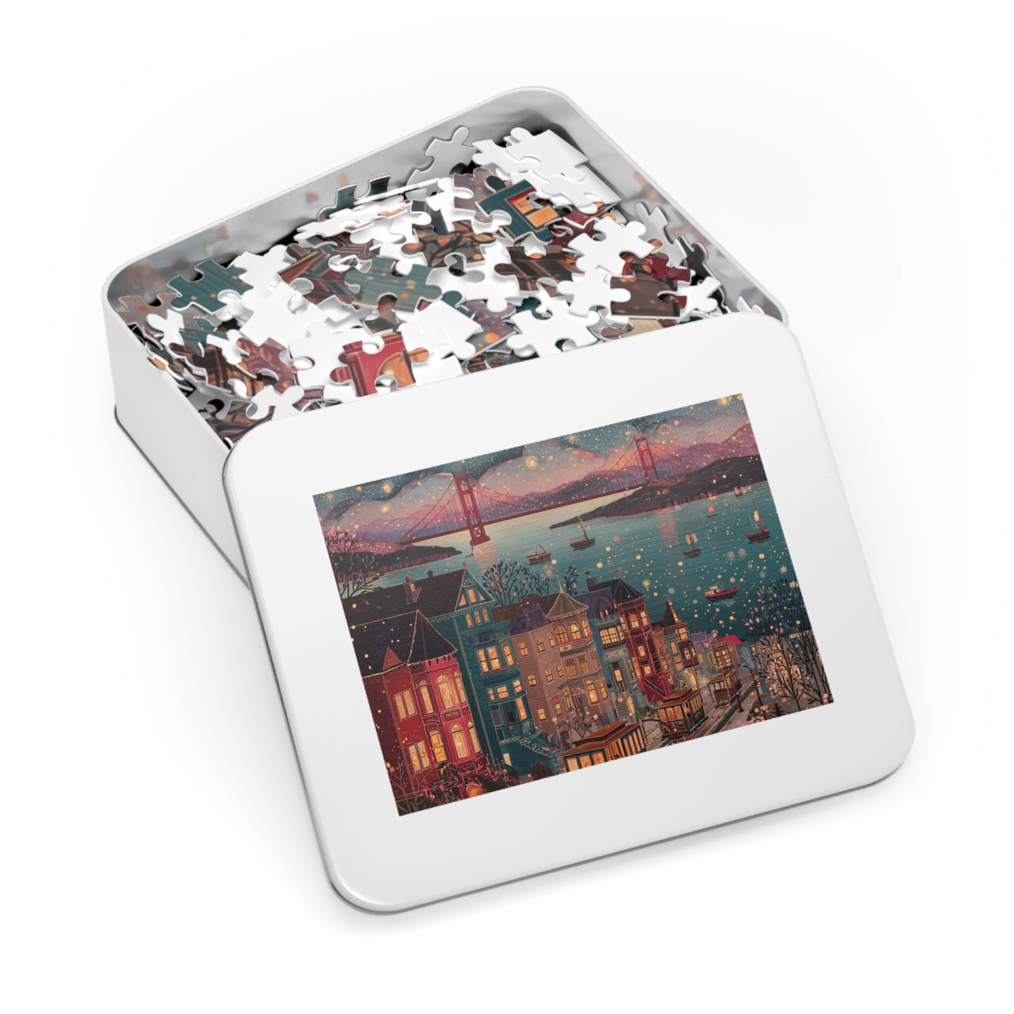 Whimsical San Francisco Puzzle – A Colorful City by the Bay-Jigsaw Puzzle with Tin