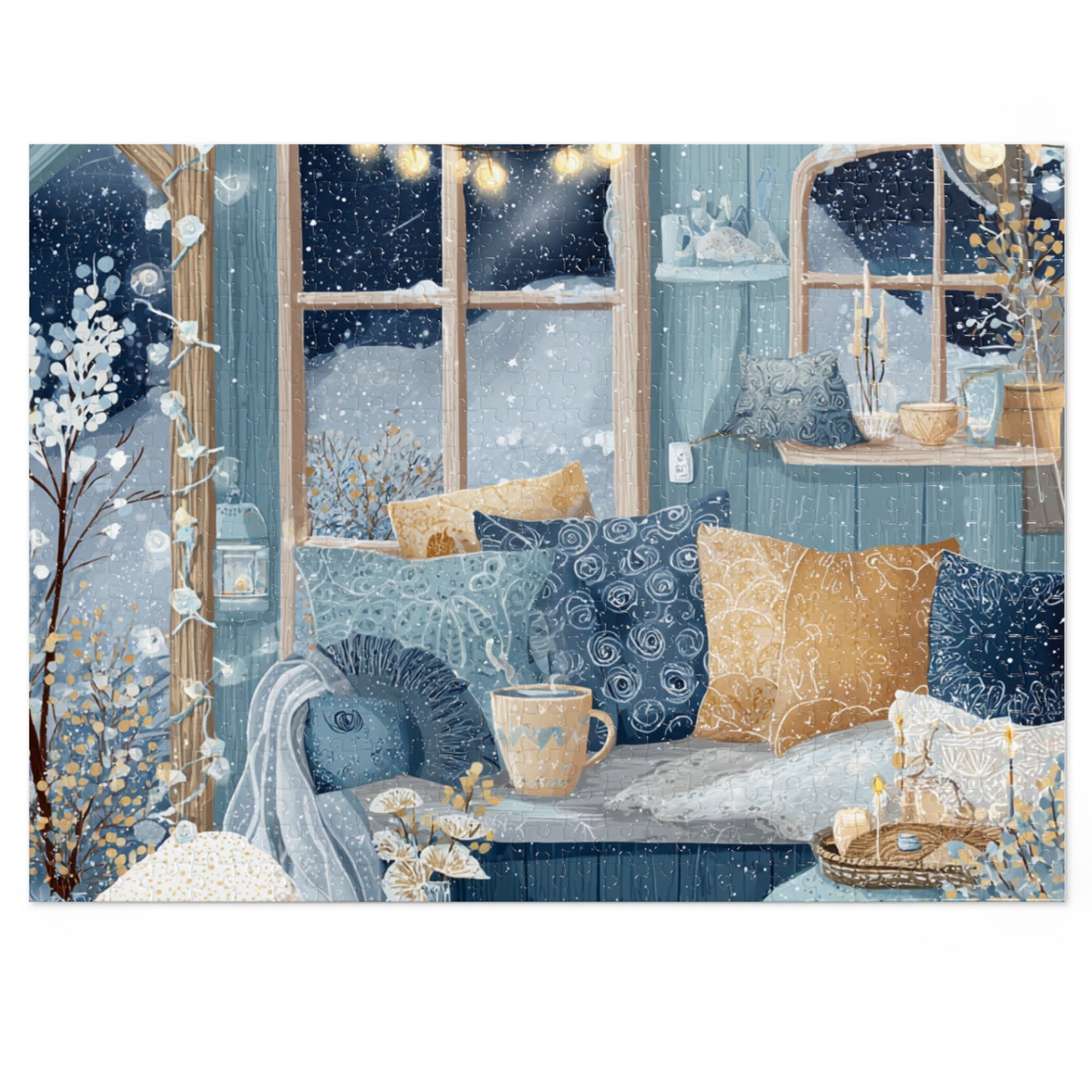 Snowy Hygge Evening by the Window | Cozy Winter Jigsaw Puzzle | Warm Lights, Candles & Cocoa | Relaxing Night-In Puzzle