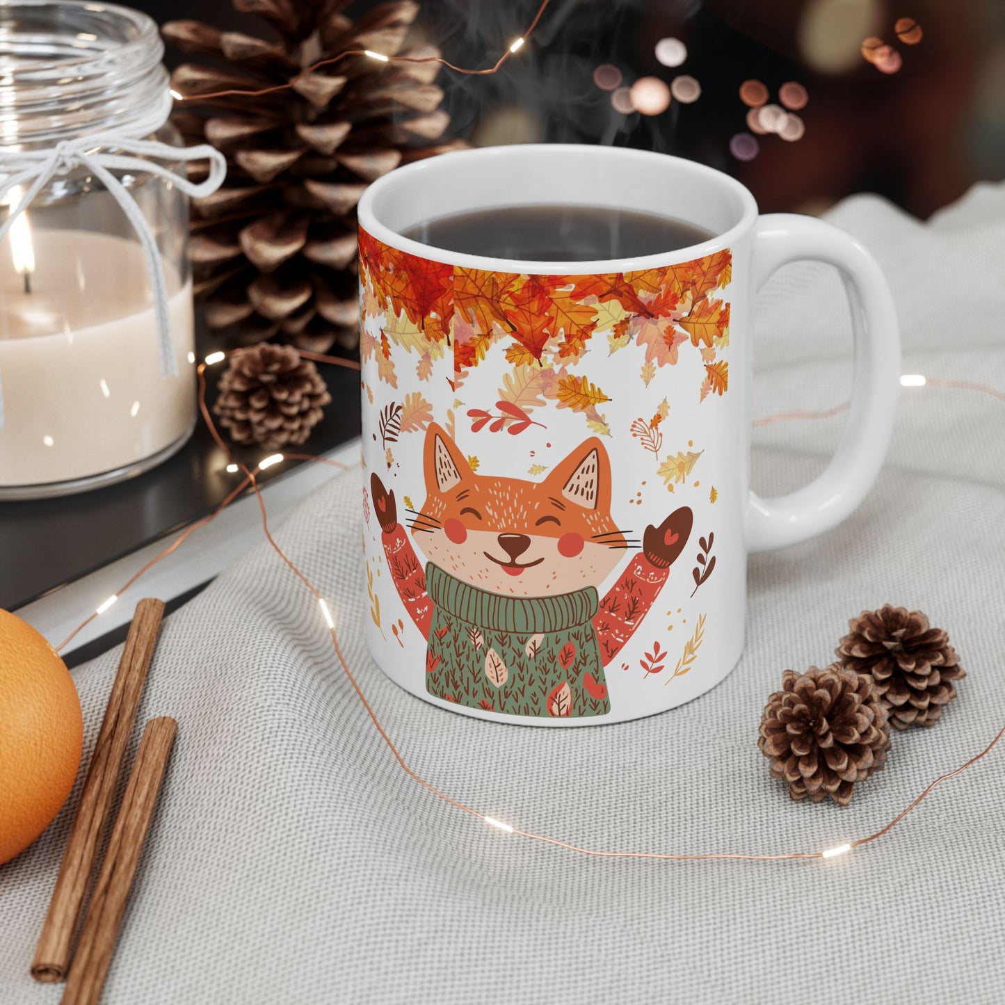 Autumn Fox with Leaves Ceramic Mug | Cozy Fall Coffee Cup | Thanksgiving Gift | Fox Lover Mug 11oz / 15oz | Jazz N’ Coffee Puzzles