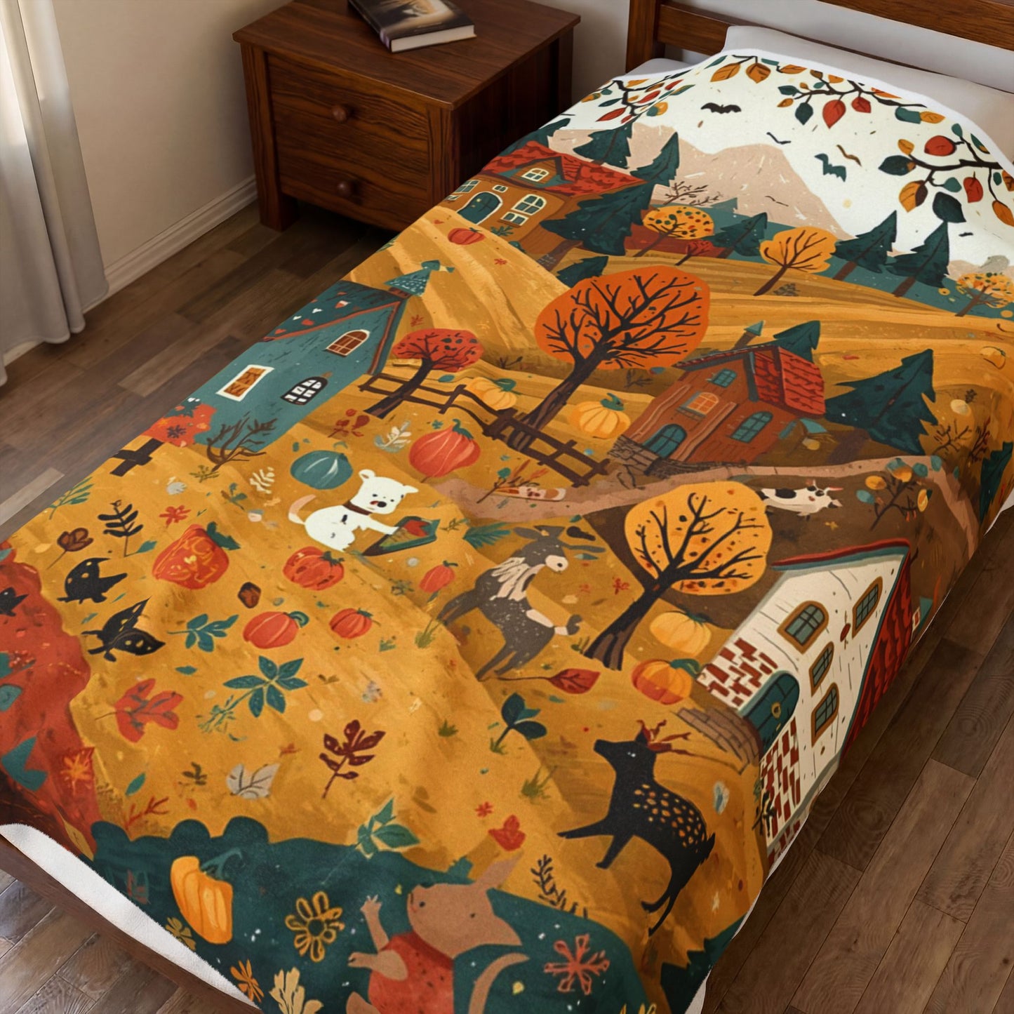Cozy Autumn Village Velveteen Plush Blanket | Fall Harvest Throw | Soft Plush Blanket Gift | Warm Rustic Home Decor | Pumpkin Season Blanket