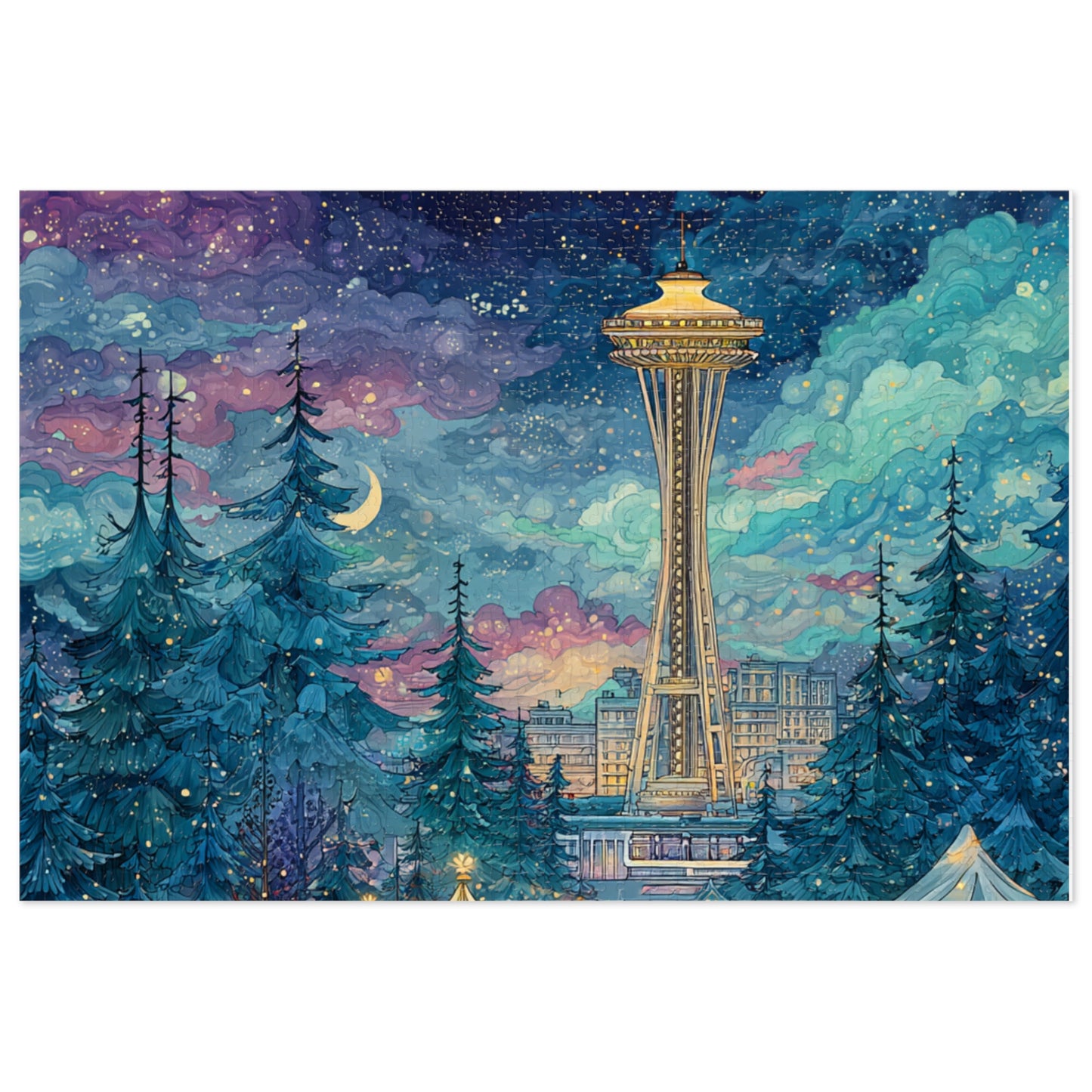 Whimsical Seattle Jigsaw Puzzle with Tin