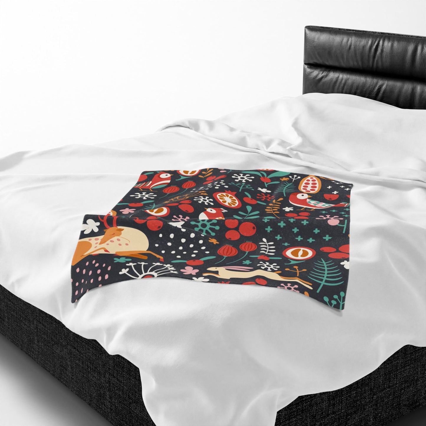 Velveteen Plush Blanket — Whimsical Forest Animals & Berries Throw
