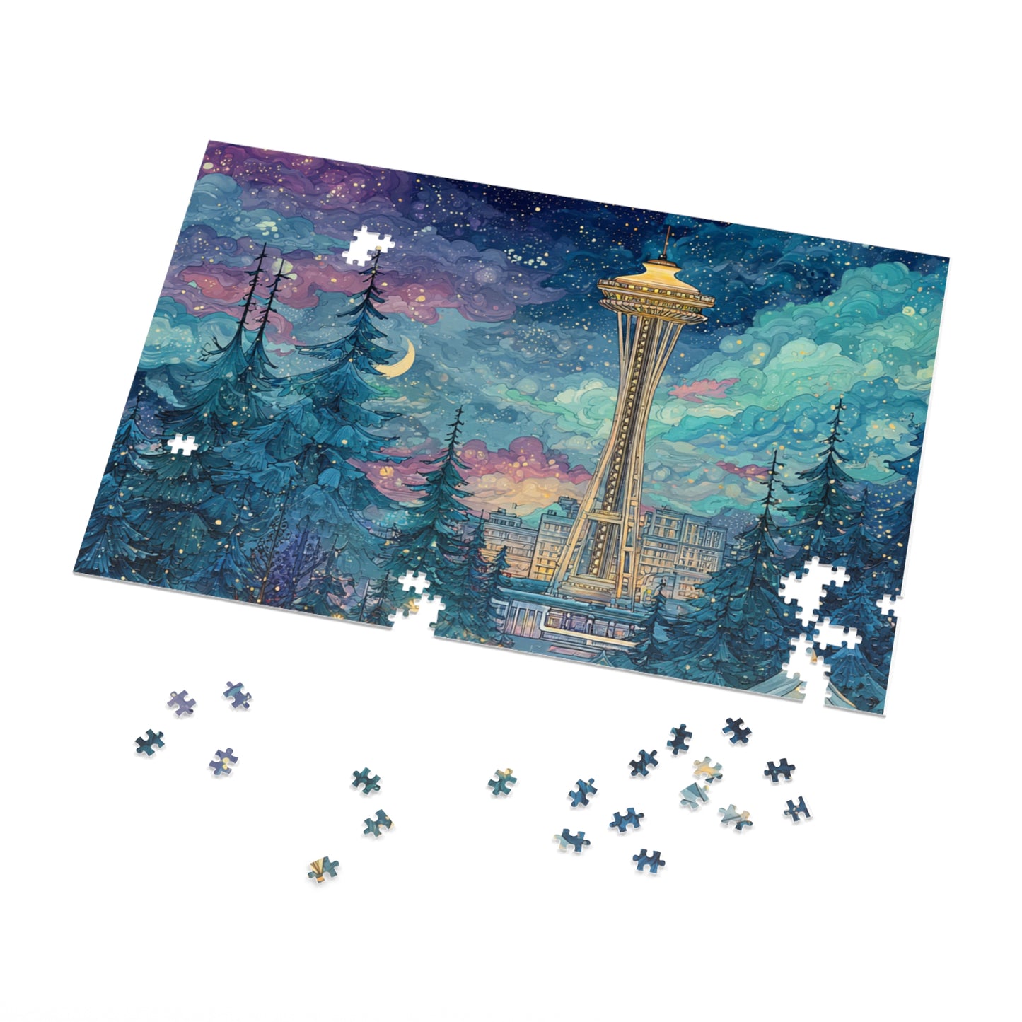 Whimsical Seattle Jigsaw Puzzle with Tin