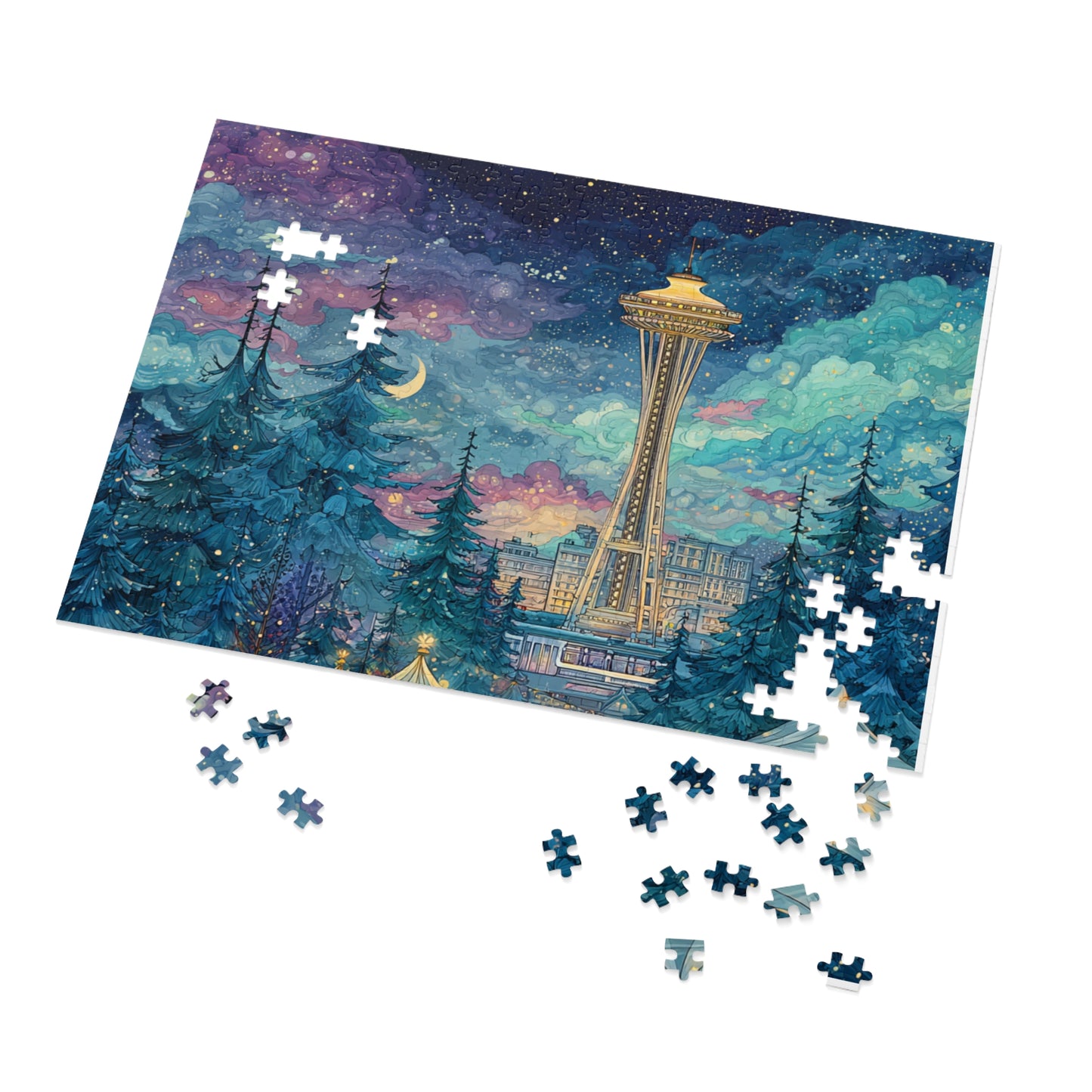 Whimsical Seattle Jigsaw Puzzle with Tin