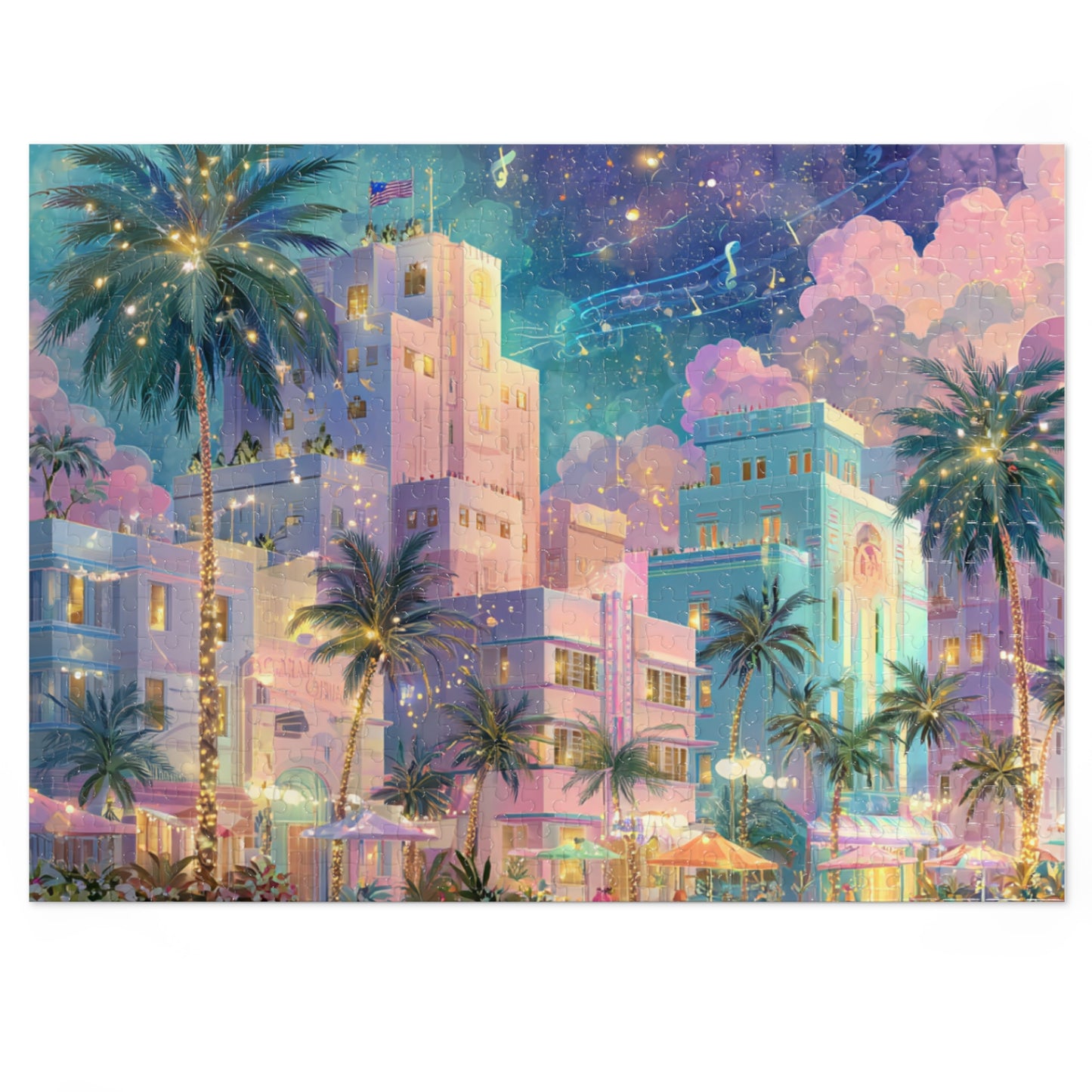 Whimsical Miami Puzzle – Colorful Tropical Cityscape-Jigsaw Puzzle with Tin
