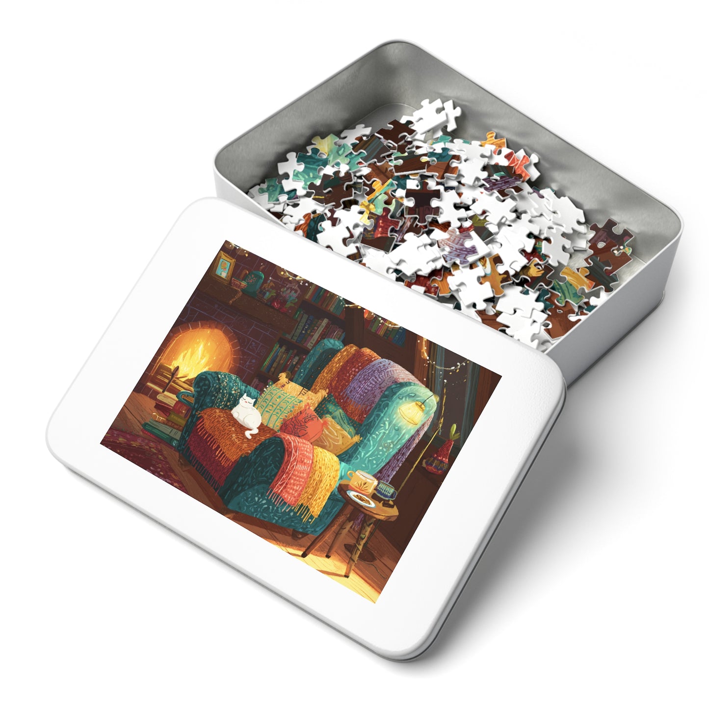 Colorful Cozy Armchair With A White Cat and Fireplace Jigsaw Puzzle with Tin – 500-Piece Relaxing Reading Nook Scene