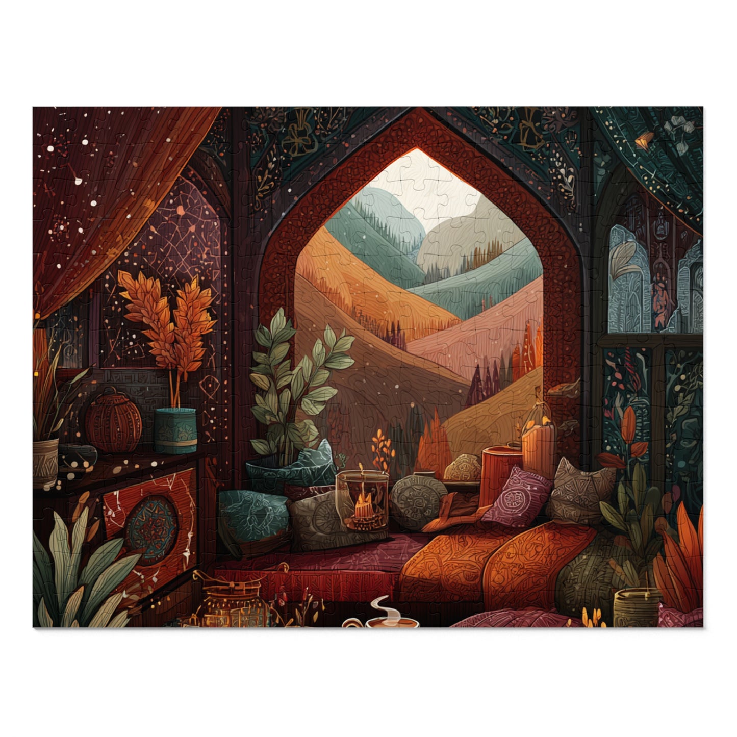 Cozy Autumn Window View Jigsaw Puzzle — 500-Piece Scenic Puzzle with Tin
