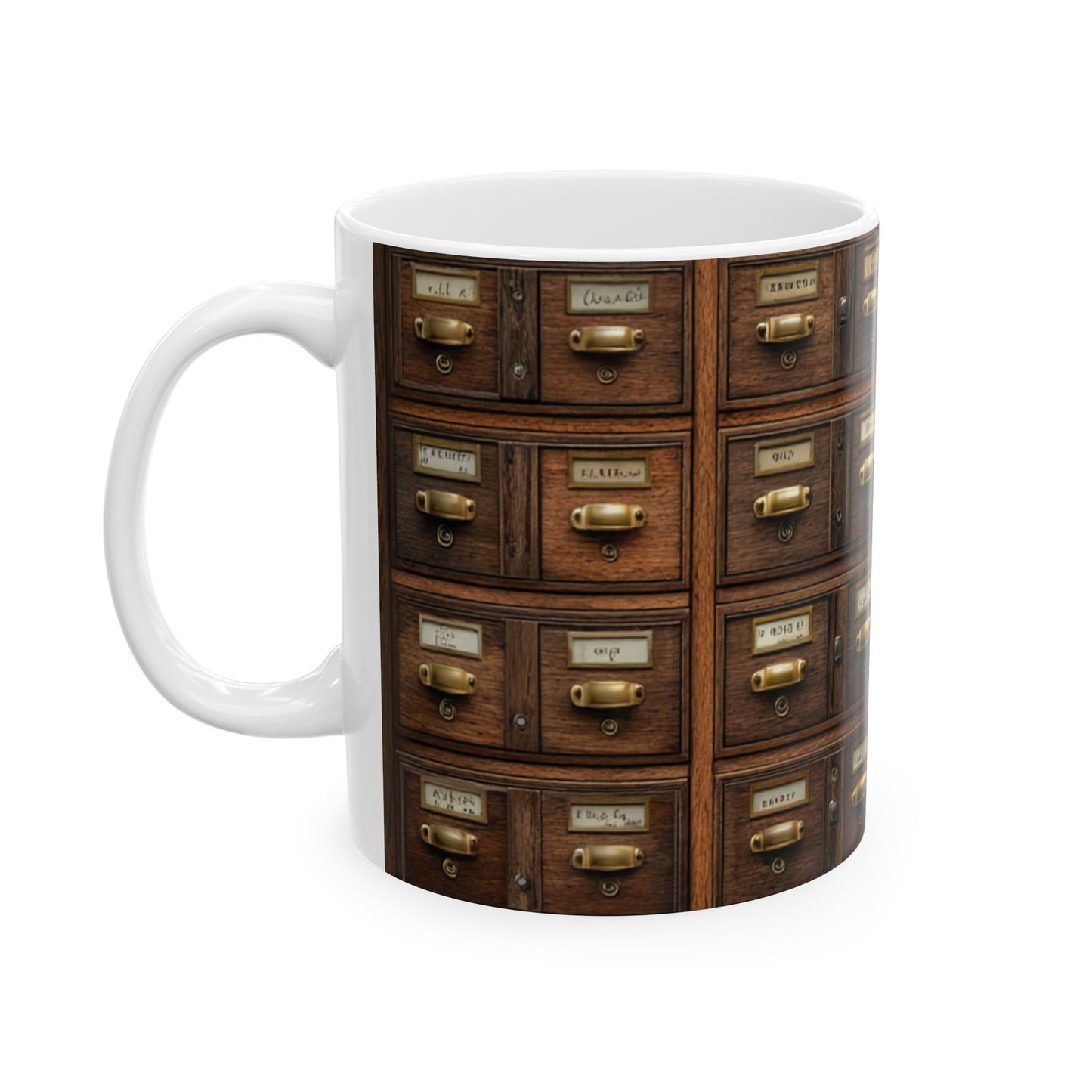 Vintage Library Card Catalog Mug — Antique Wooden Drawer Pattern Ceramic Coffee Cup (11oz/15oz)