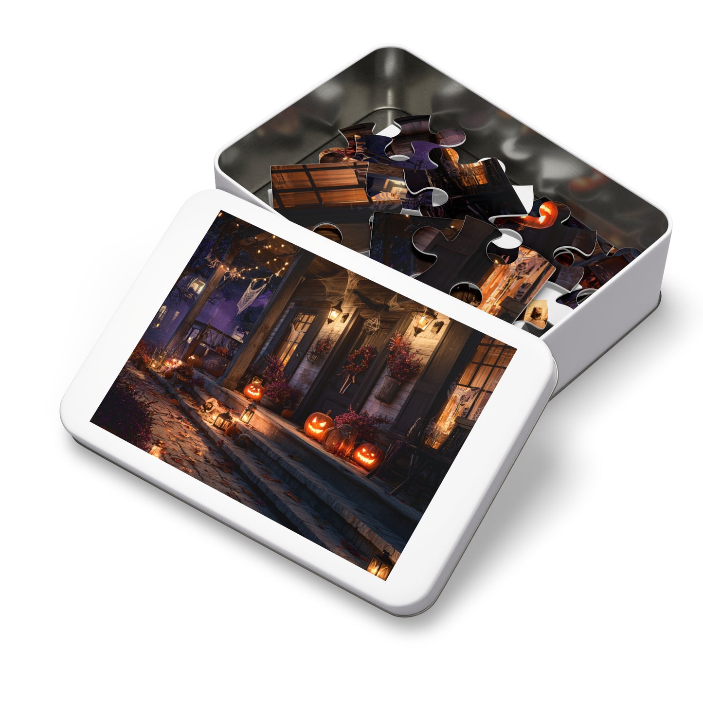Halloween Porch Jigsaw Puzzle with Tin – Spooky Jack-O’-Lantern Night
