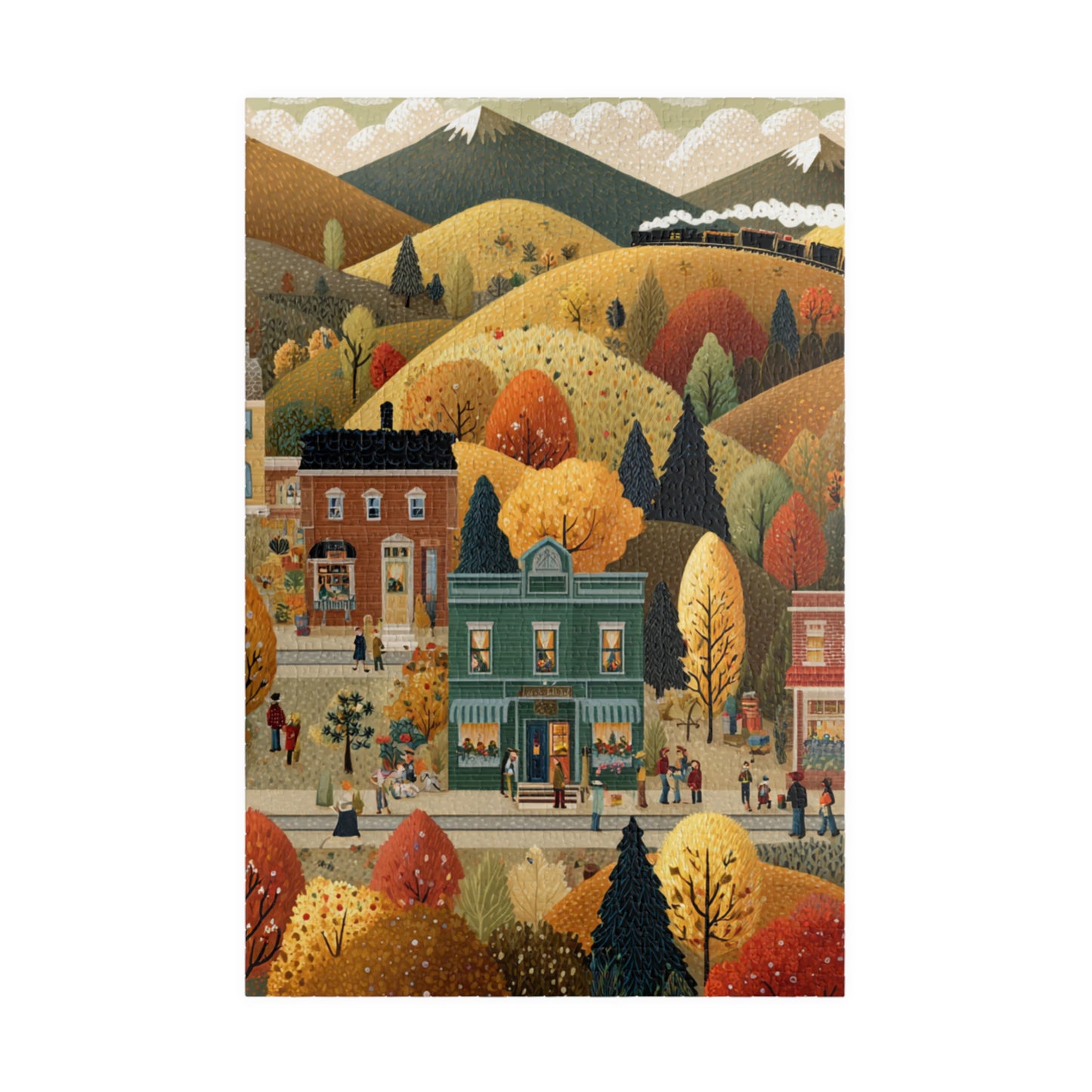 Whispering Pines Village Puzzle | Autumn Mountain Countryside Scene | Cozy Fall Jigsaw Gift | Jazz N’ Coffee Puzzles