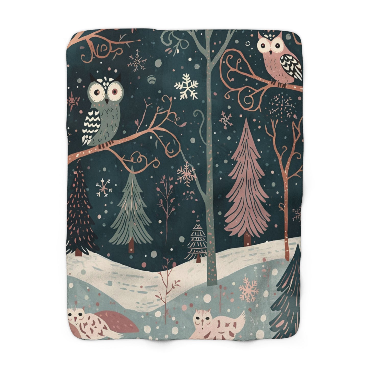 Whimsical Owl Sherpa Fleece Blanket | Cozy Winter Throw | Soft Owl Blanket Gift | Snowflake & Pine Tree Decor | Warm Plush Throw