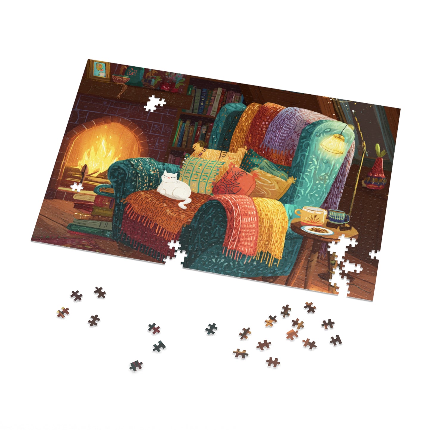 Colorful Cozy Armchair With A White Cat and Fireplace Jigsaw Puzzle with Tin – 500-Piece Relaxing Reading Nook Scene