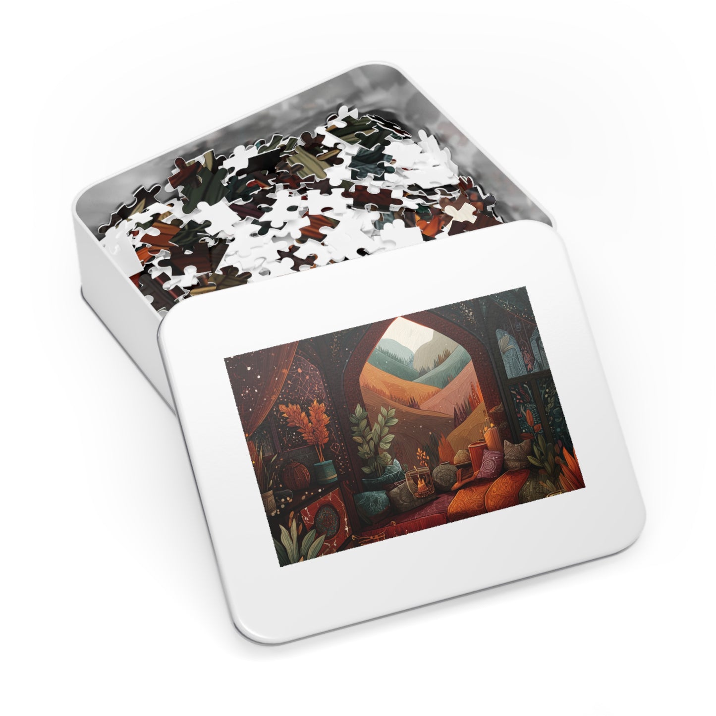 Cozy Autumn Window View Jigsaw Puzzle — 500-Piece Scenic Puzzle with Tin