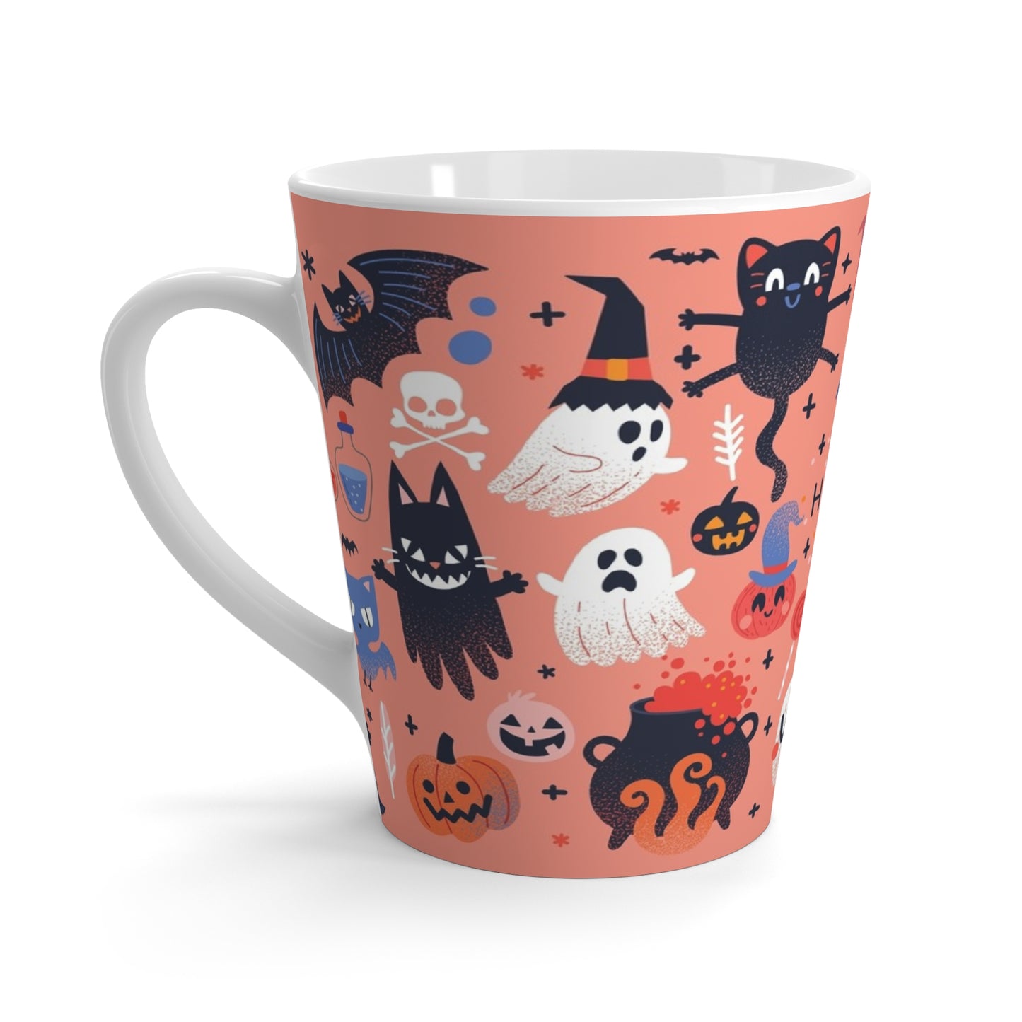 Happy Halloween Latte Mug — Cute Spooky Cats, Ghosts & Pumpkins Coffee Cup