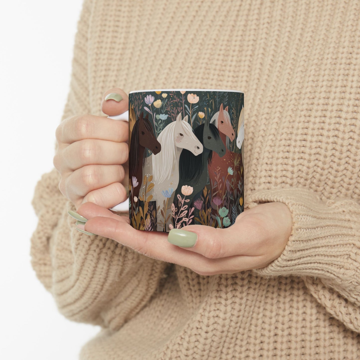 Whimsical Horse Mug, Grazing Horses in a Wildflower Field, Country Farm Coffee Cup, Equestrian Gift, Nature Lover Mug, 11oz and  15oz