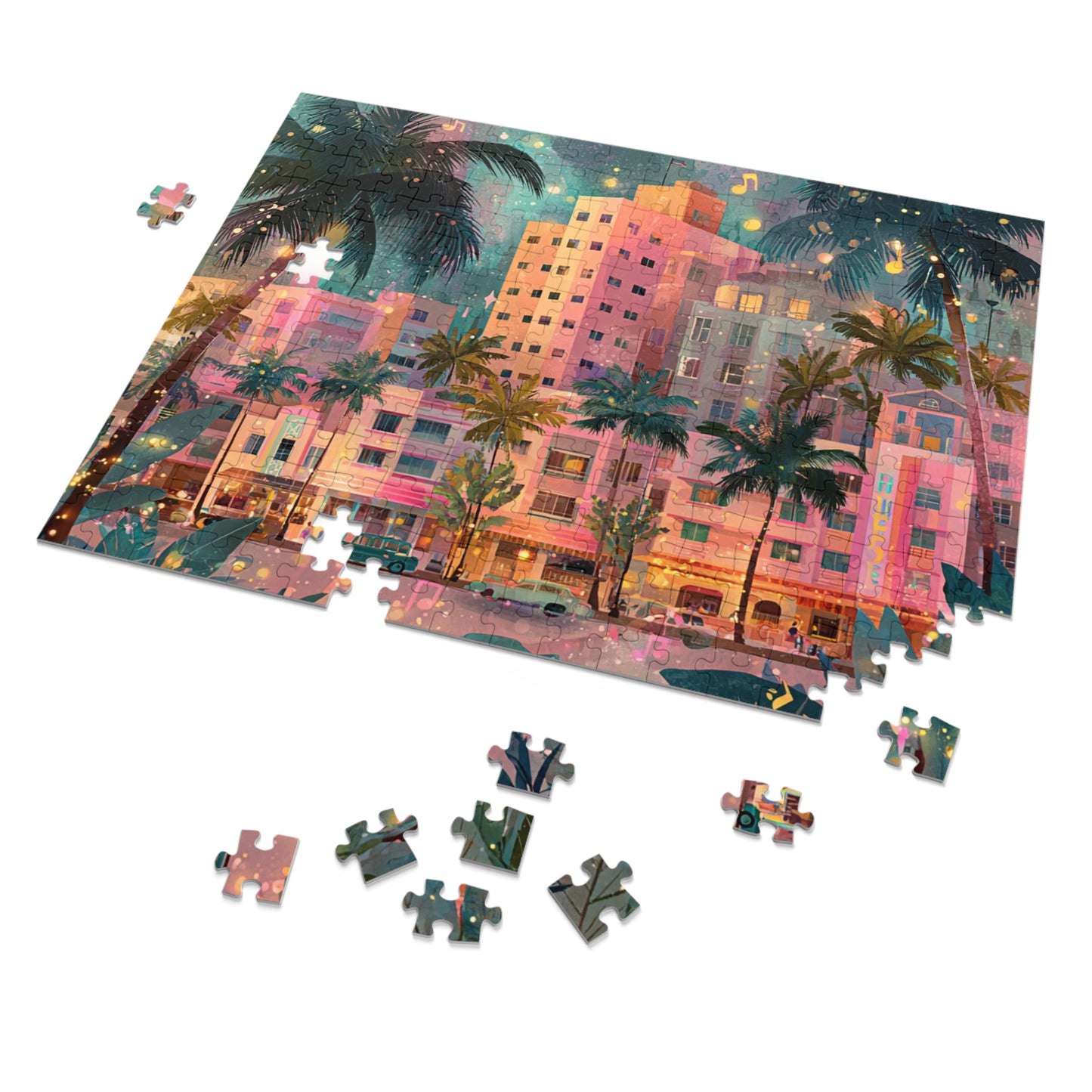 Whimsical Pastel Miami Puzzle – A Dreamy Tropical Escape-Jigsaw Puzzle with Tin