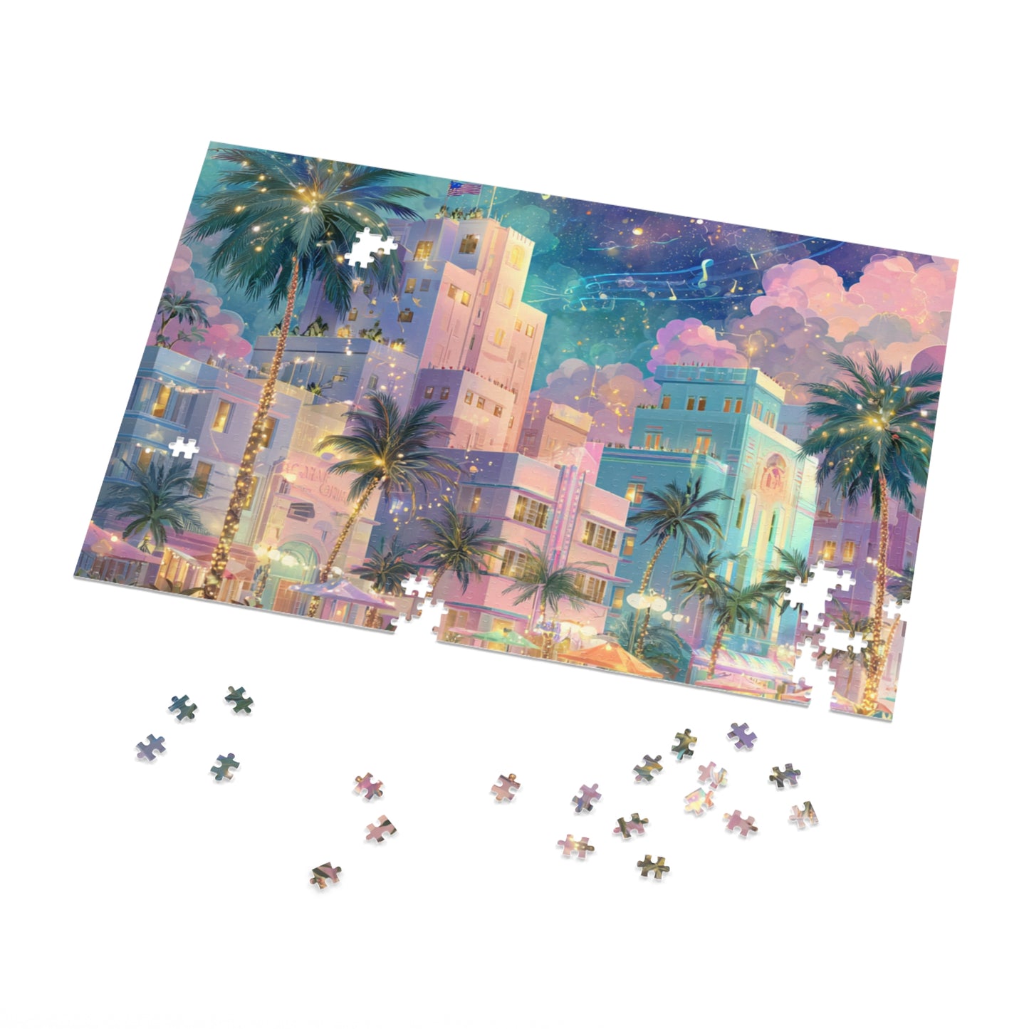 Whimsical Miami Puzzle – Colorful Tropical Cityscape-Jigsaw Puzzle with Tin