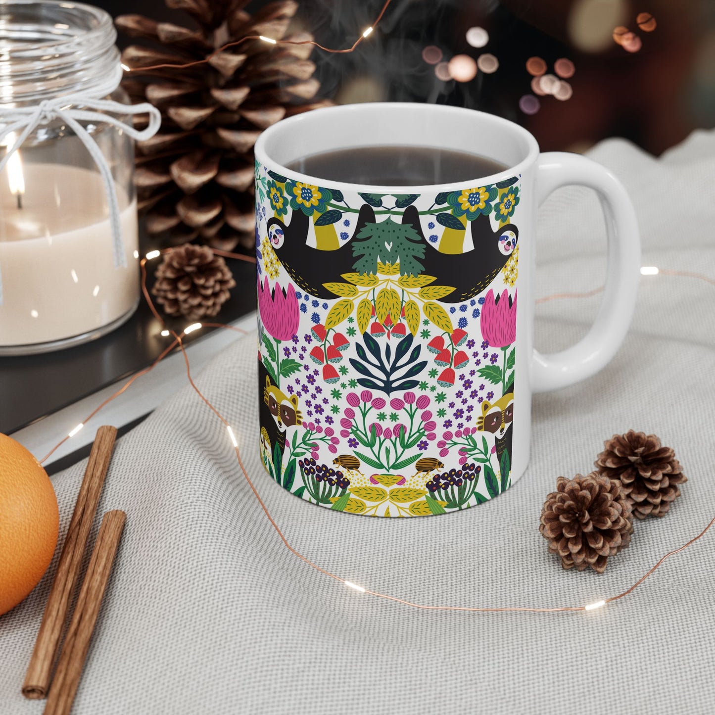 Whimsical Sloth & Raccoon Mug, Bright Floral Forest Animal Coffee Cup, Cheerful Design, 11oz and  15oz, Cute Animal Lover Gift