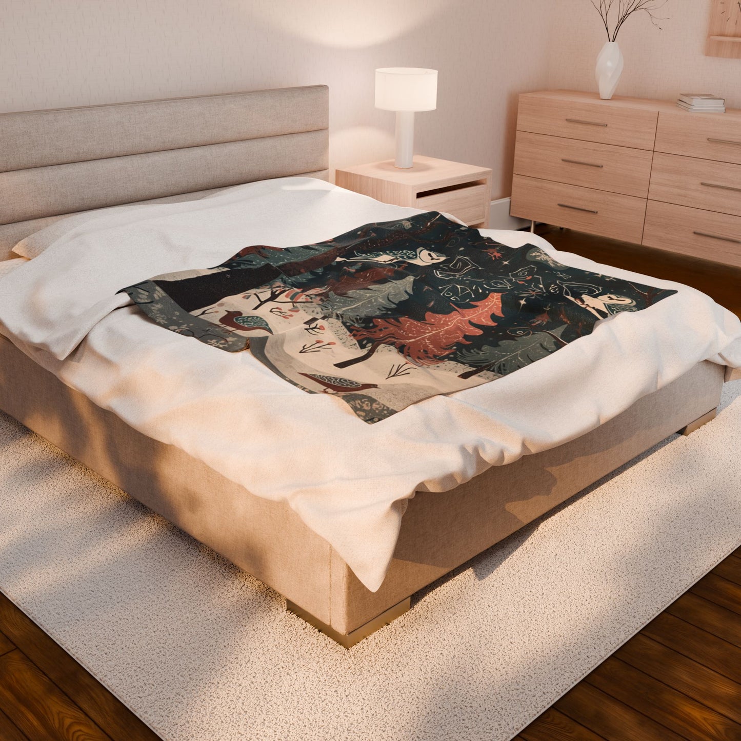 Whimsical Winter Owl Forest Velveteen Plush Blanket | Cozy Woodland Throw | Soft Plush Blanket Gift | Snowy Owl and Pine Tree Decor